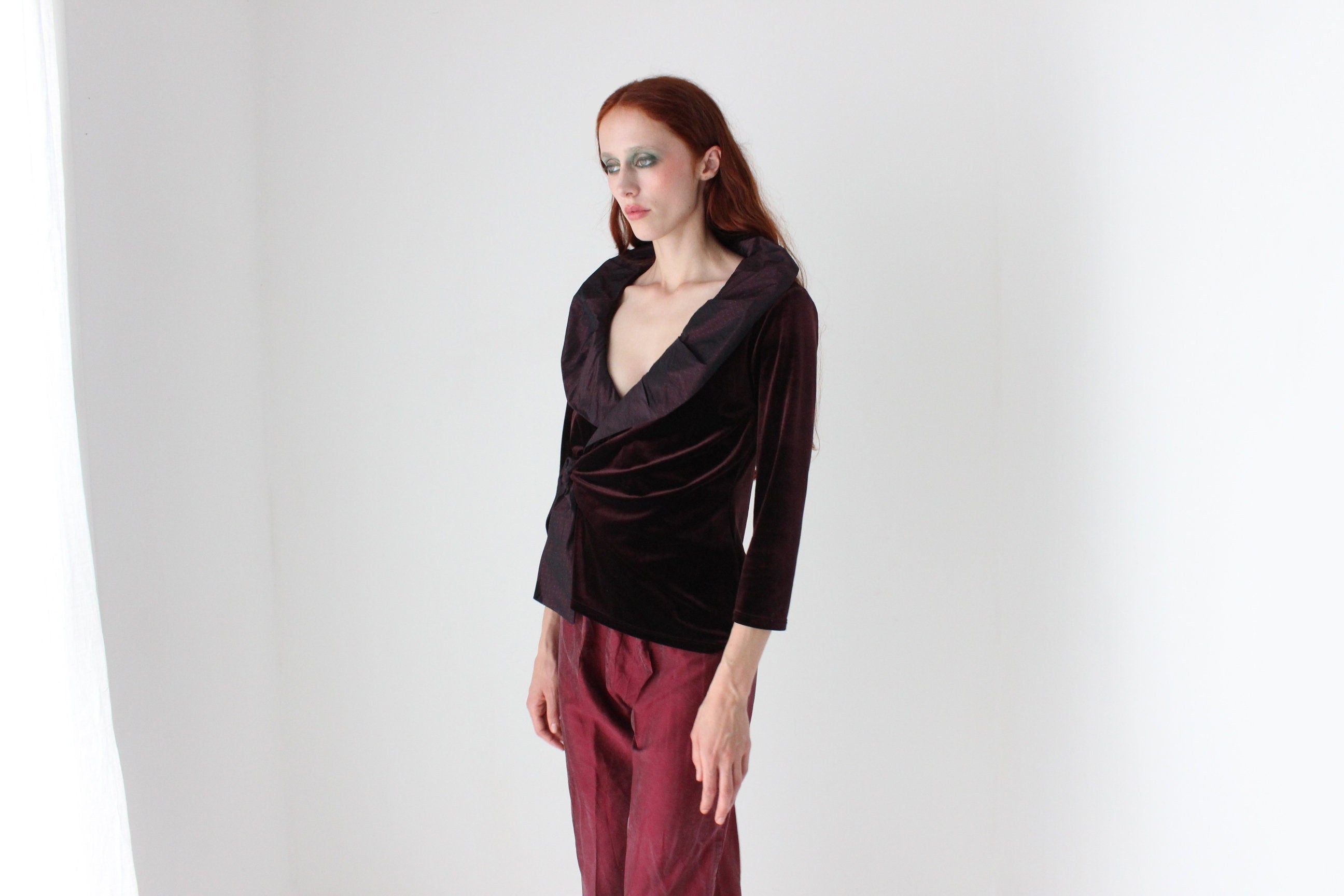 Regal 90s Velvet & Taffeta Collar Plunge Neck 'Wrap' Top