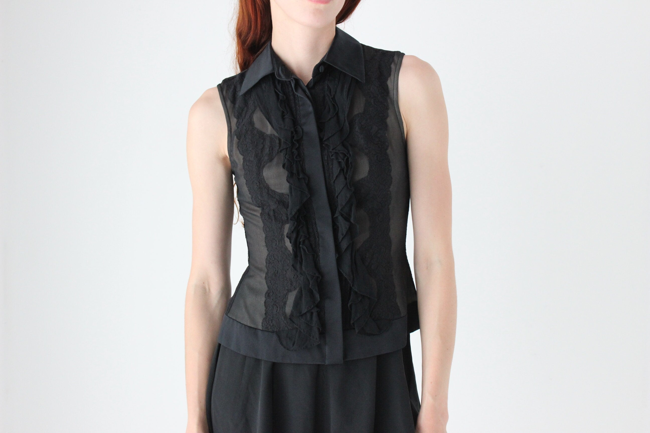 90s 'Sheer Illusion' Silk Georgette, Lace & Satin Waistcoat Vest Top