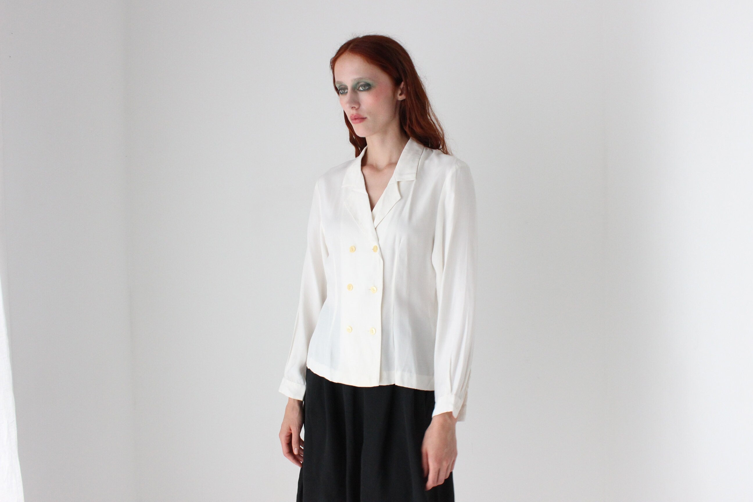 80s French Vintage Double Breasted V Neck Blouse by Michel René