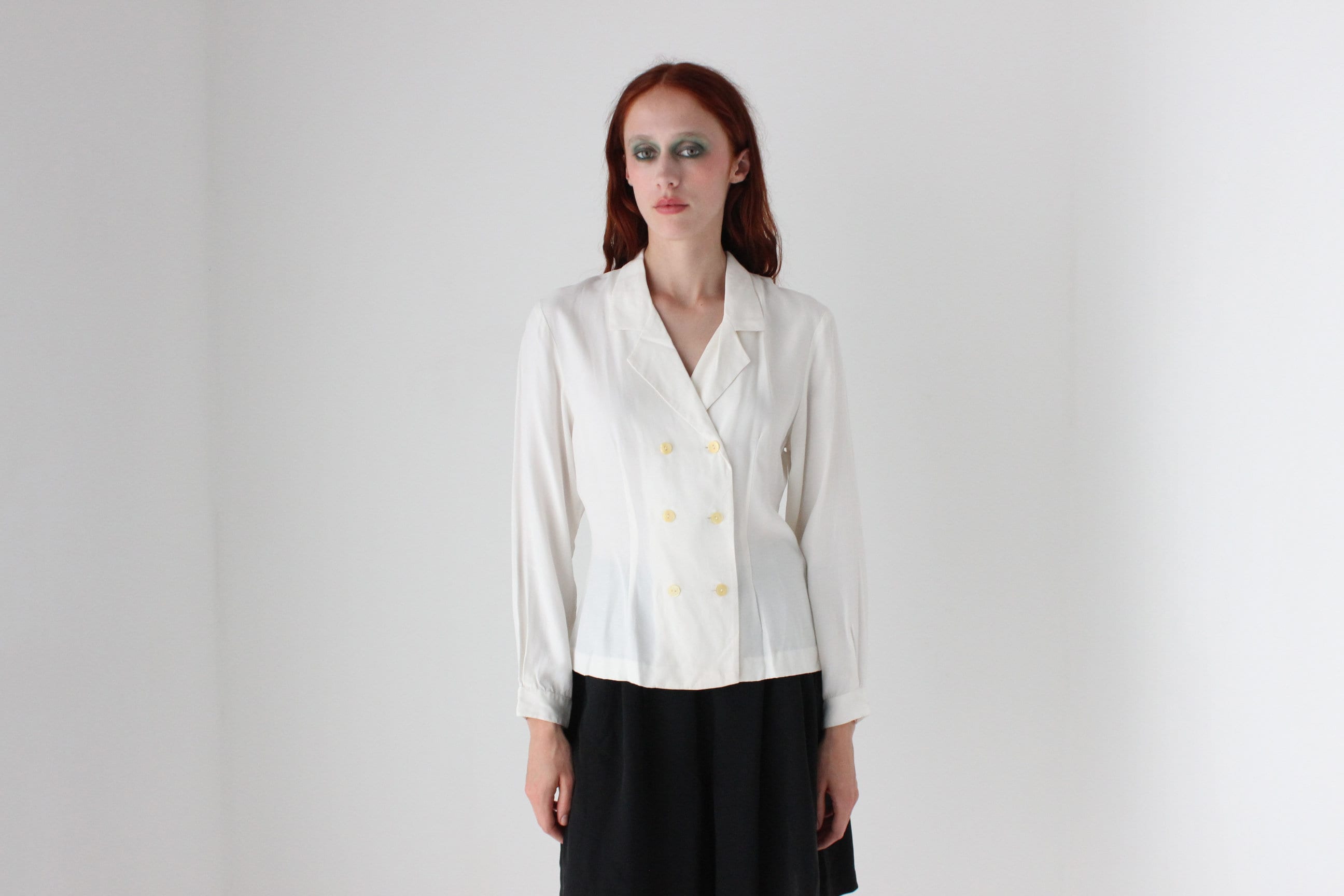 80s French Vintage Double Breasted V Neck Blouse by Michel René