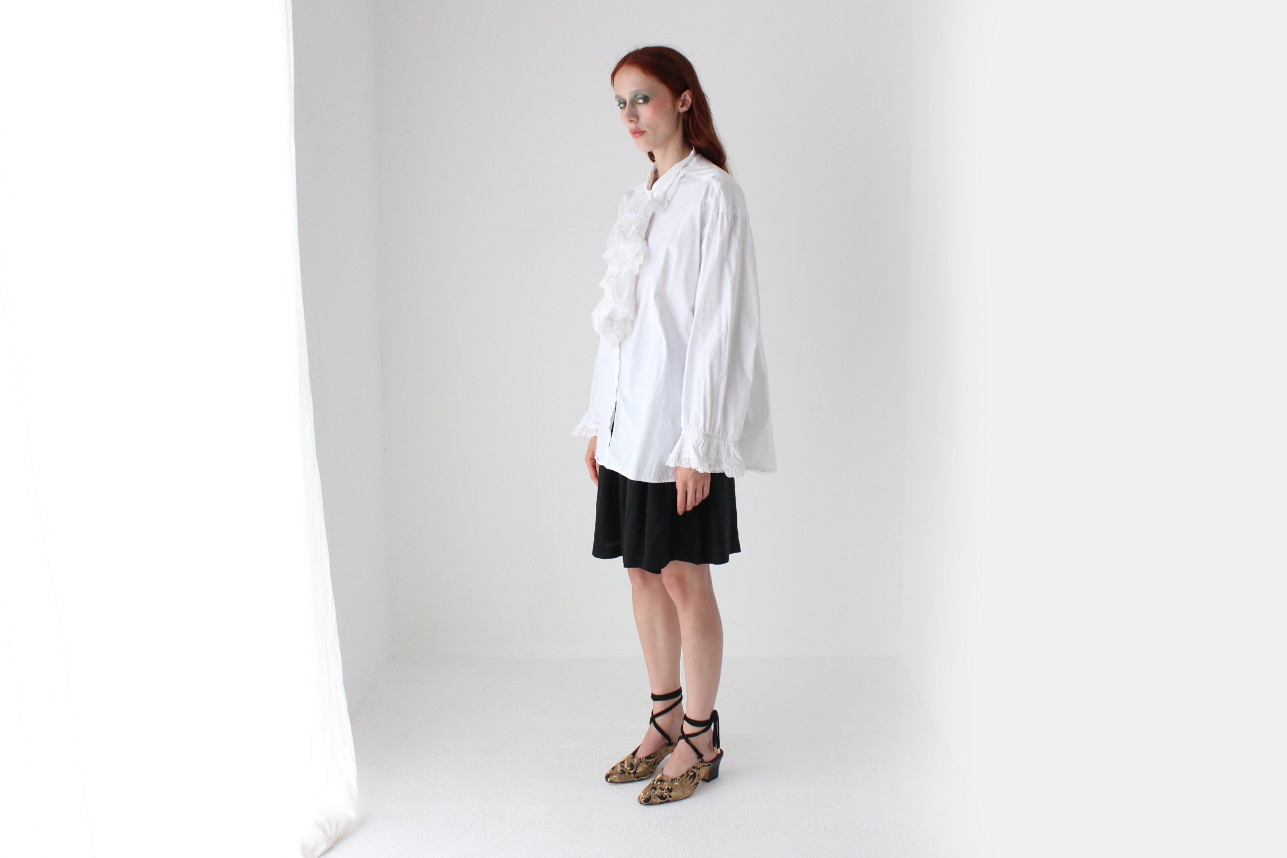 80s Cotton Crisp & Frilly White Tuxedo Collar Shirt Dress