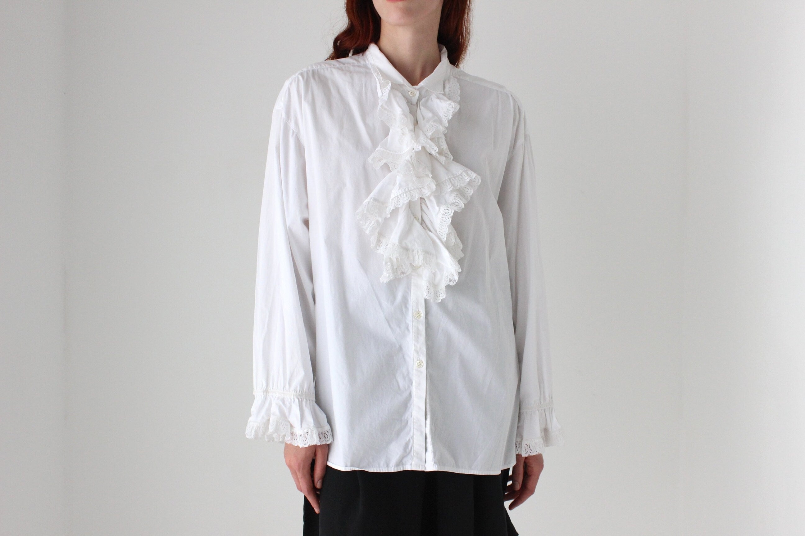 80s Cotton Crisp & Frilly White Tuxedo Collar Shirt Dress