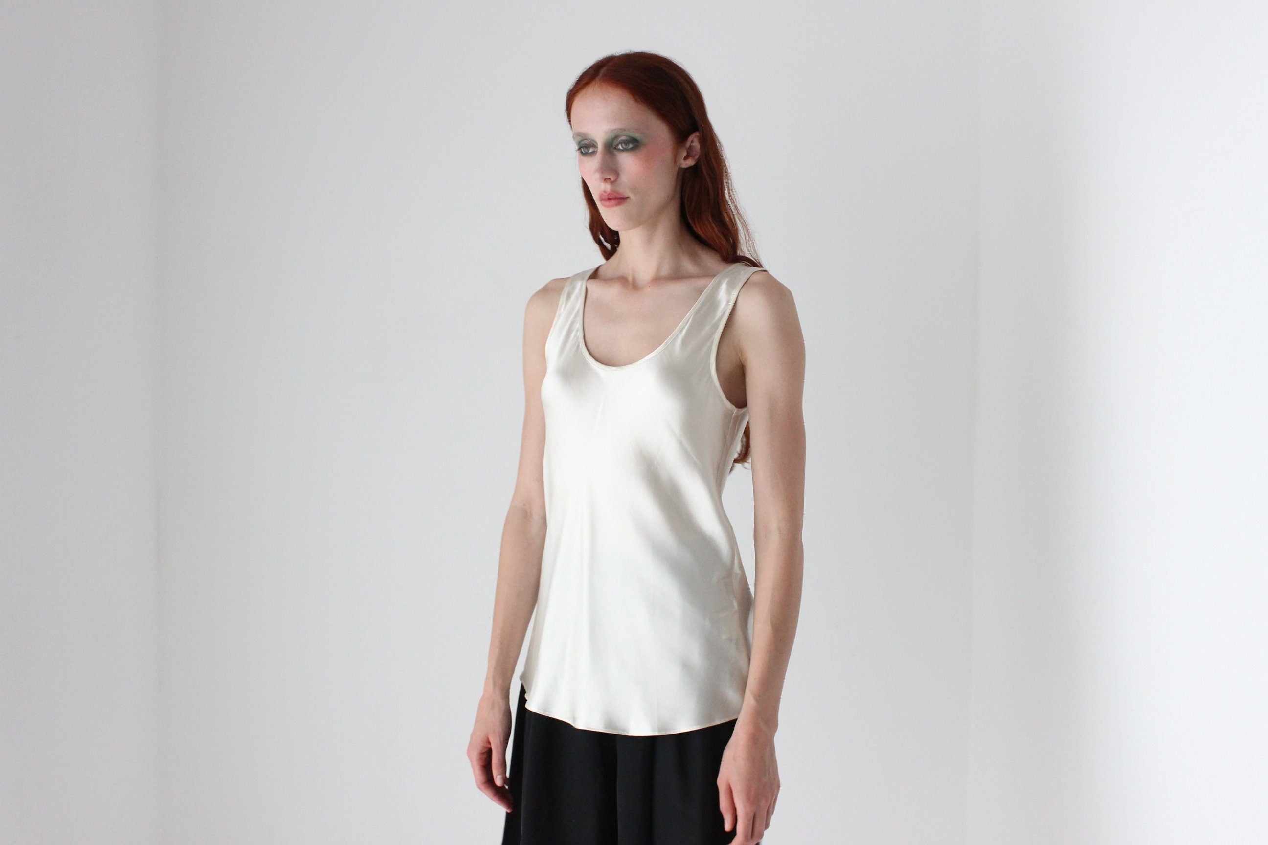 90s Cream PURE SILK Sleeveless Scoop Neck Bias Cut Top