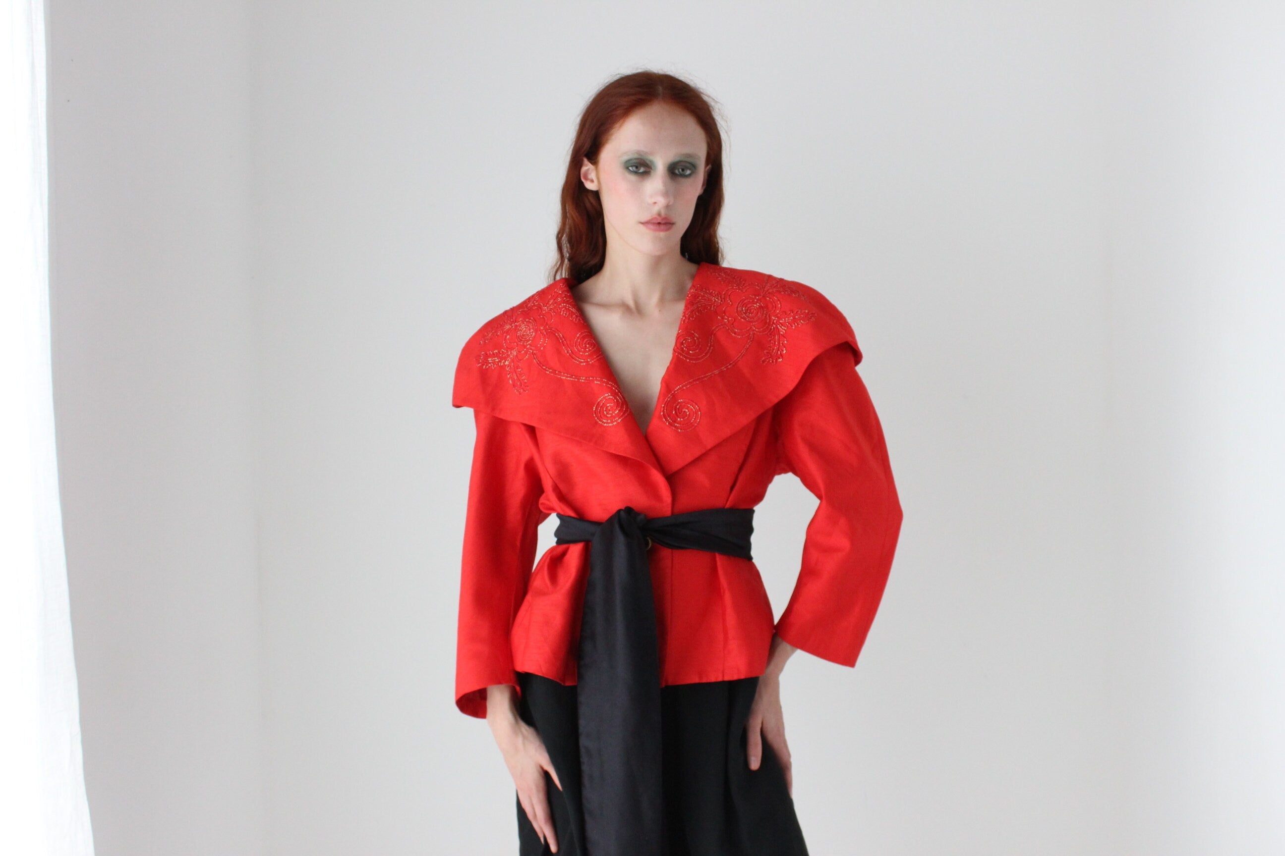 80s Raw Silk Look Bold Shoulder Jacket Top