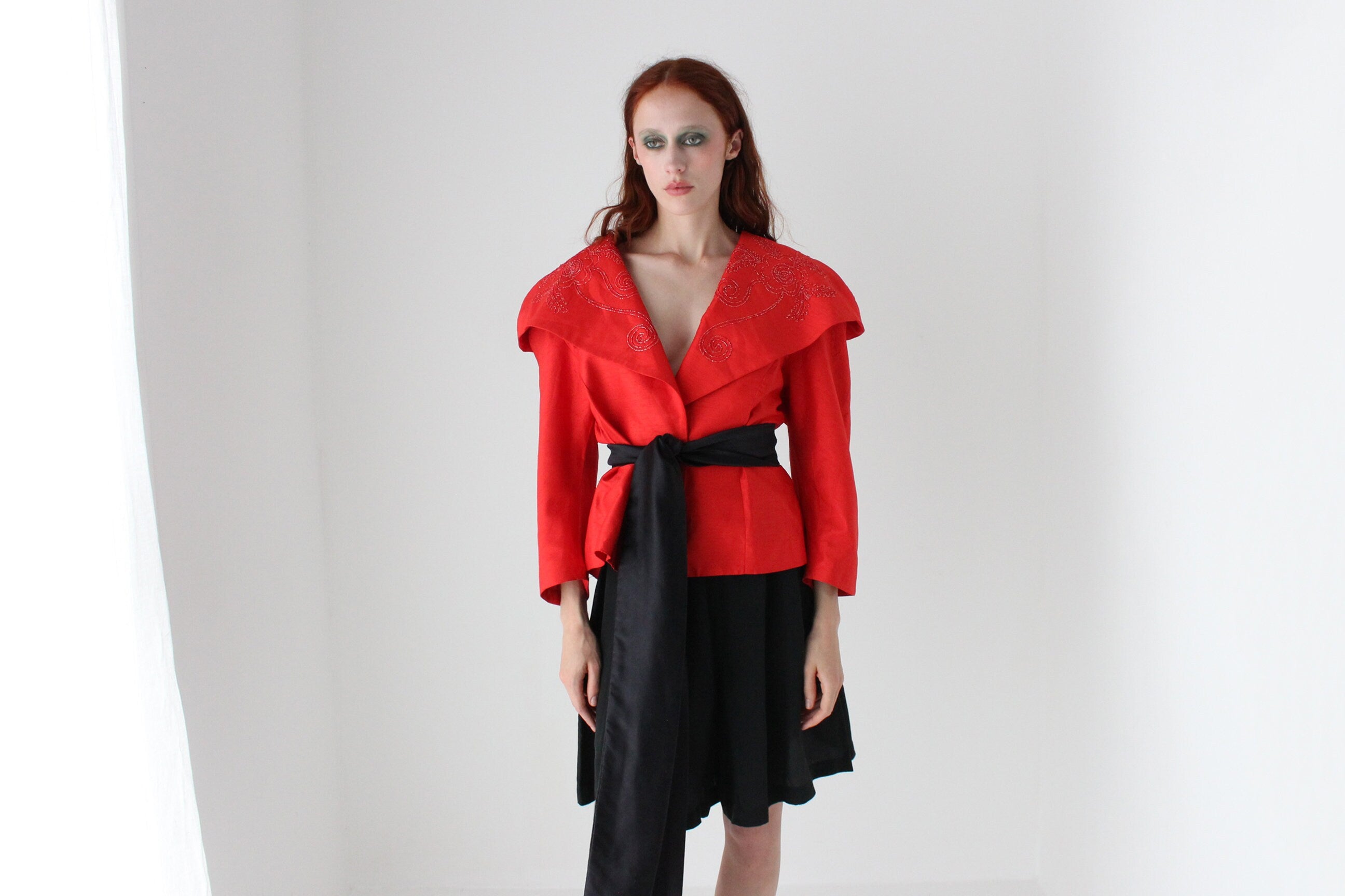 80s Raw Silk Look Bold Shoulder Jacket Top