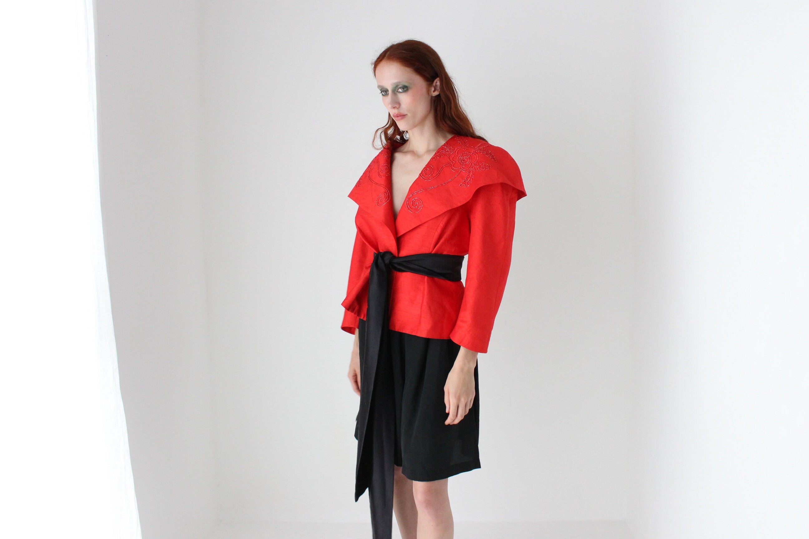 80s Raw Silk Look Bold Shoulder Jacket Top