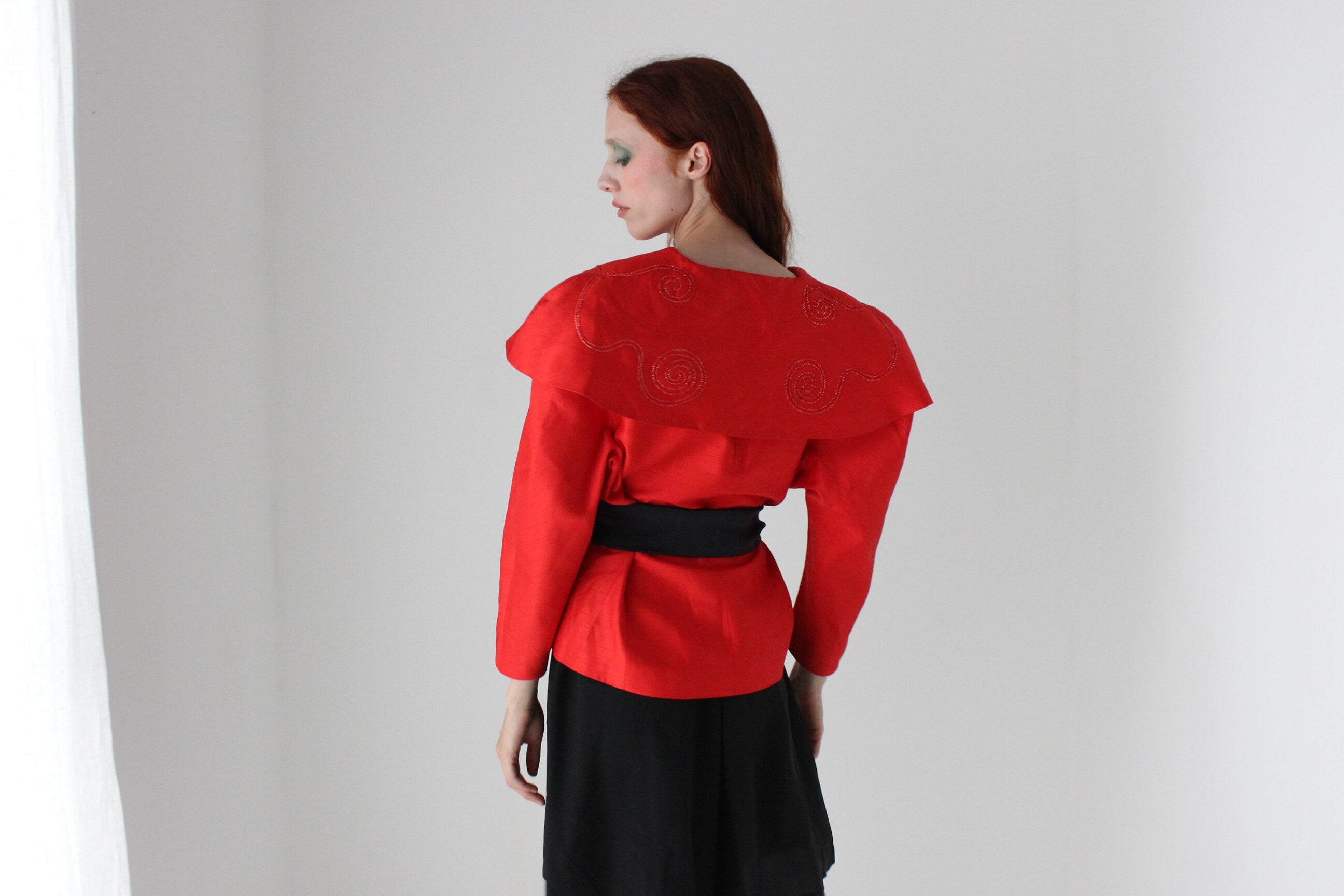 80s Raw Silk Look Bold Shoulder Jacket Top