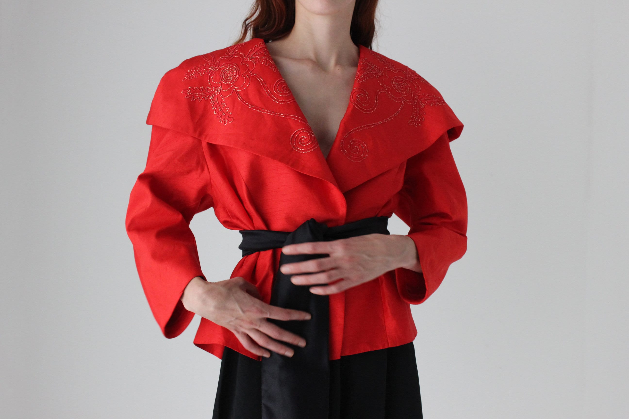 80s Raw Silk Look Bold Shoulder Jacket Top