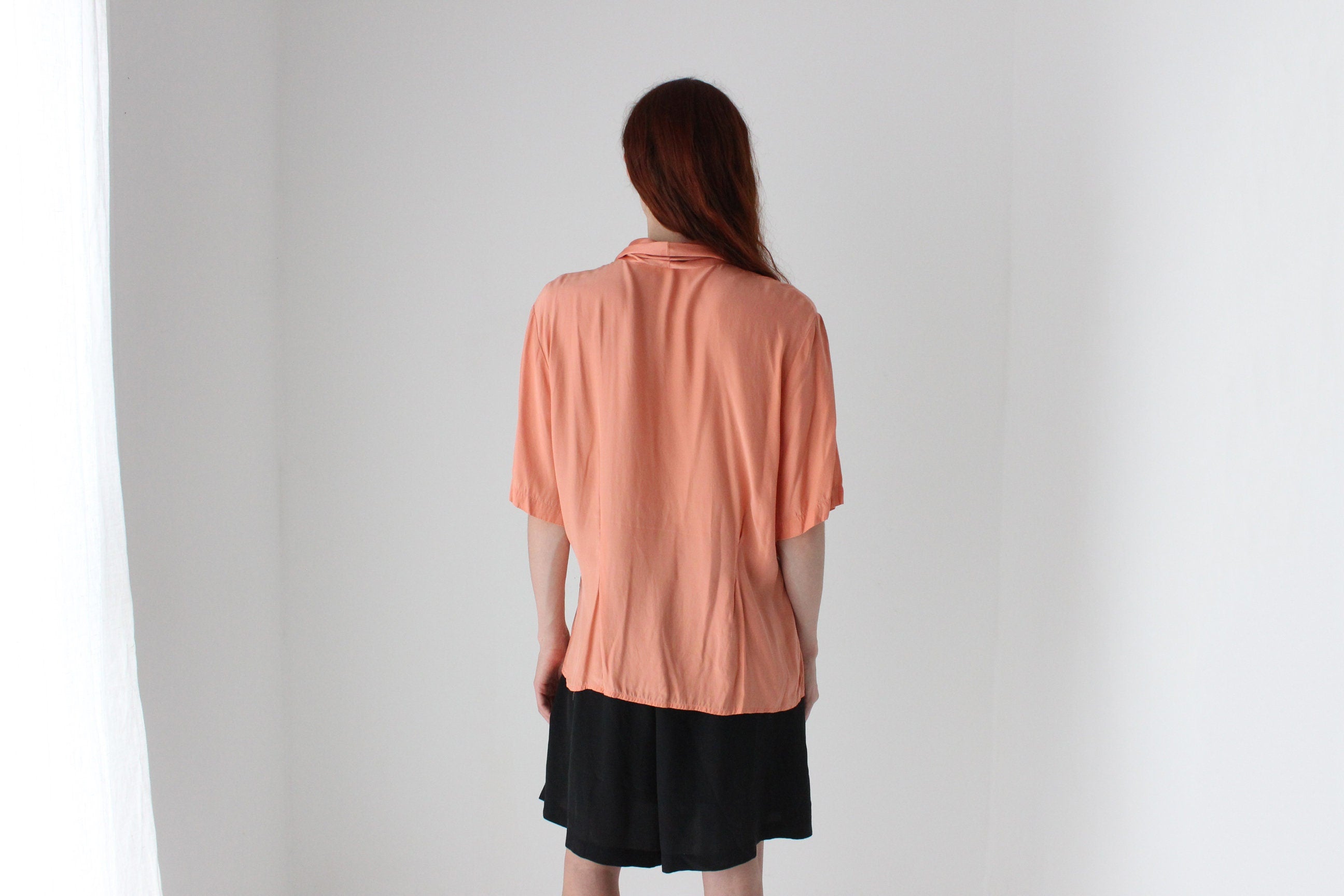 80s Pure Silk Shawl Collar Short Sleeve Blouse