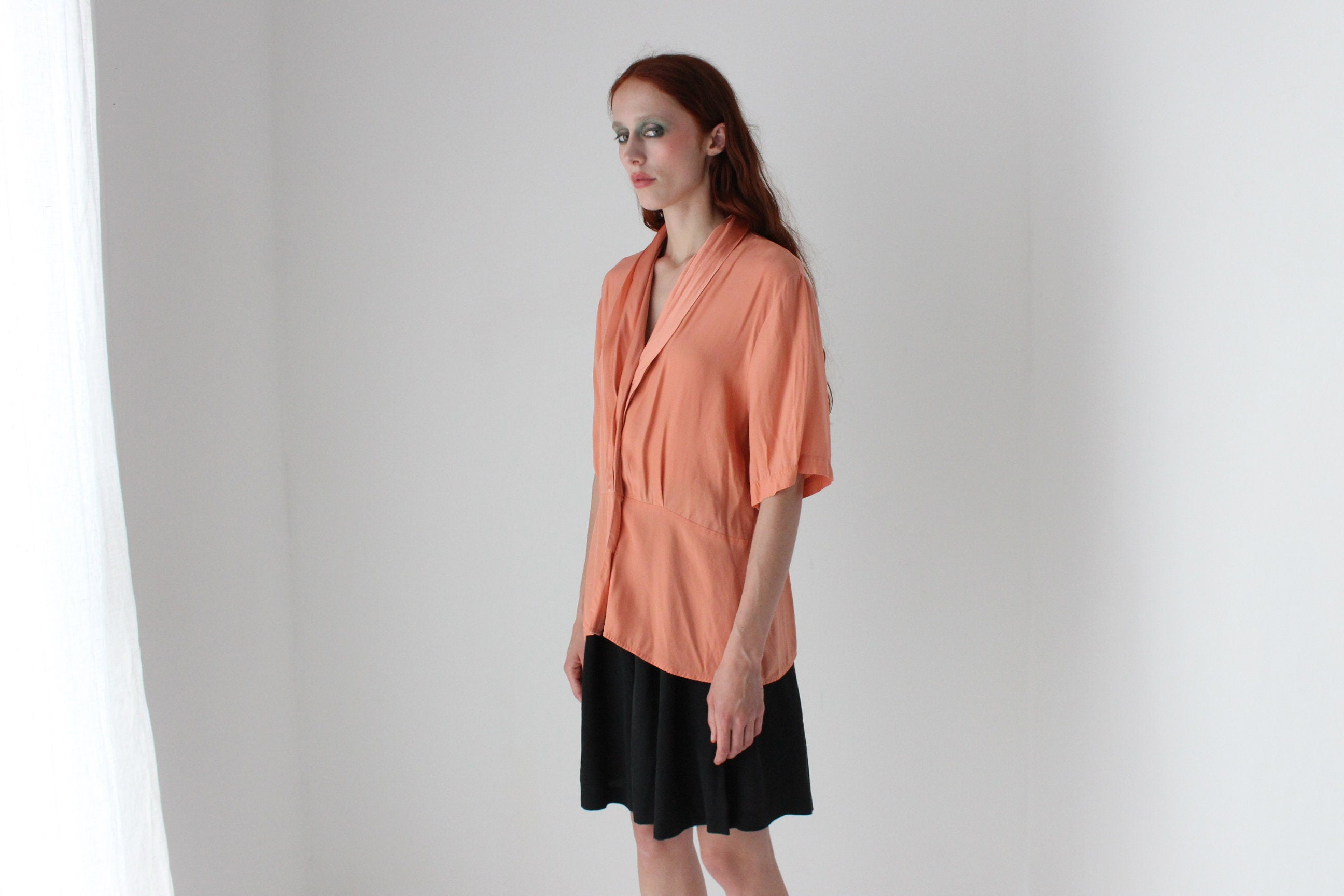 80s Pure Silk Shawl Collar Short Sleeve Blouse