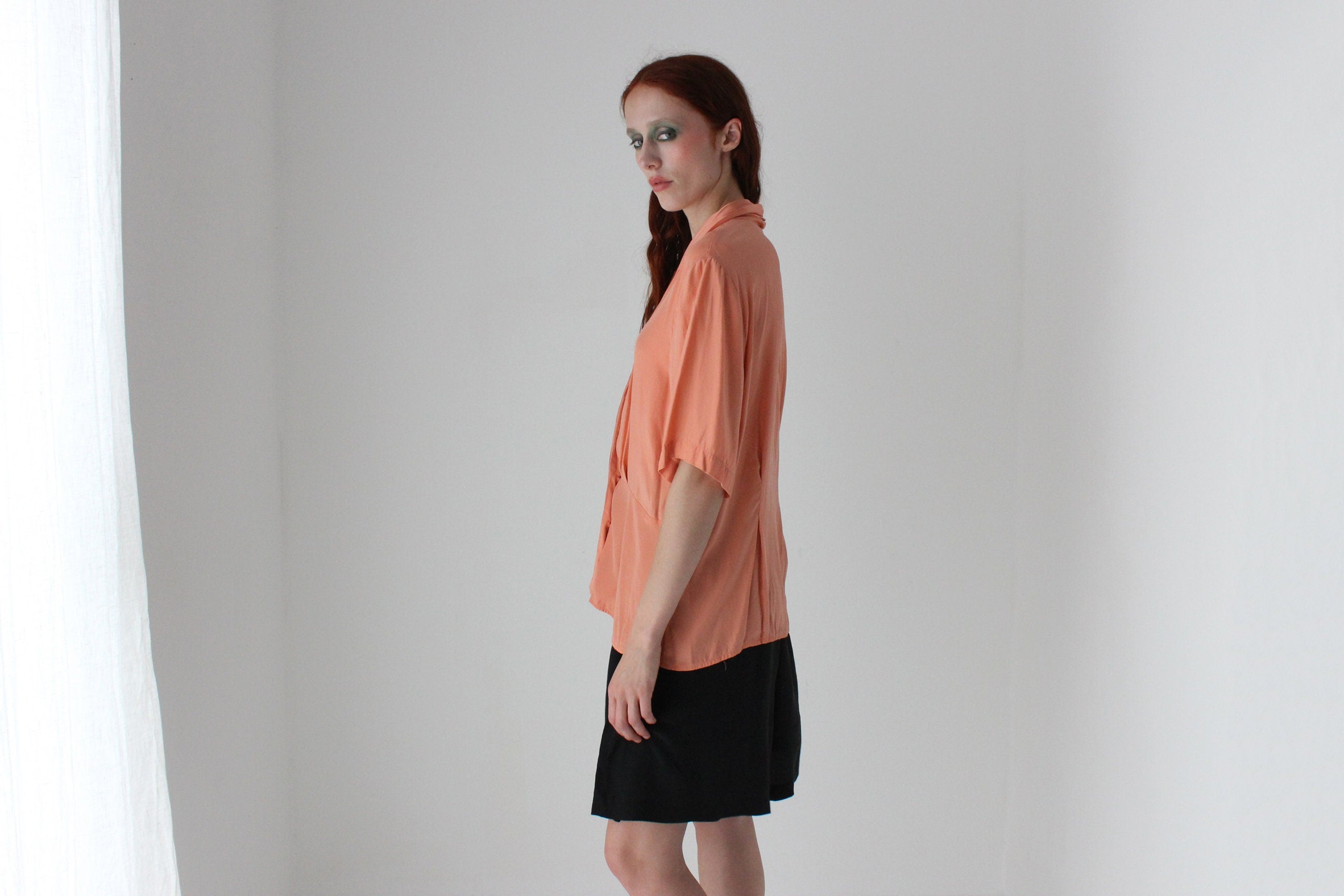 80s Pure Silk Shawl Collar Short Sleeve Blouse