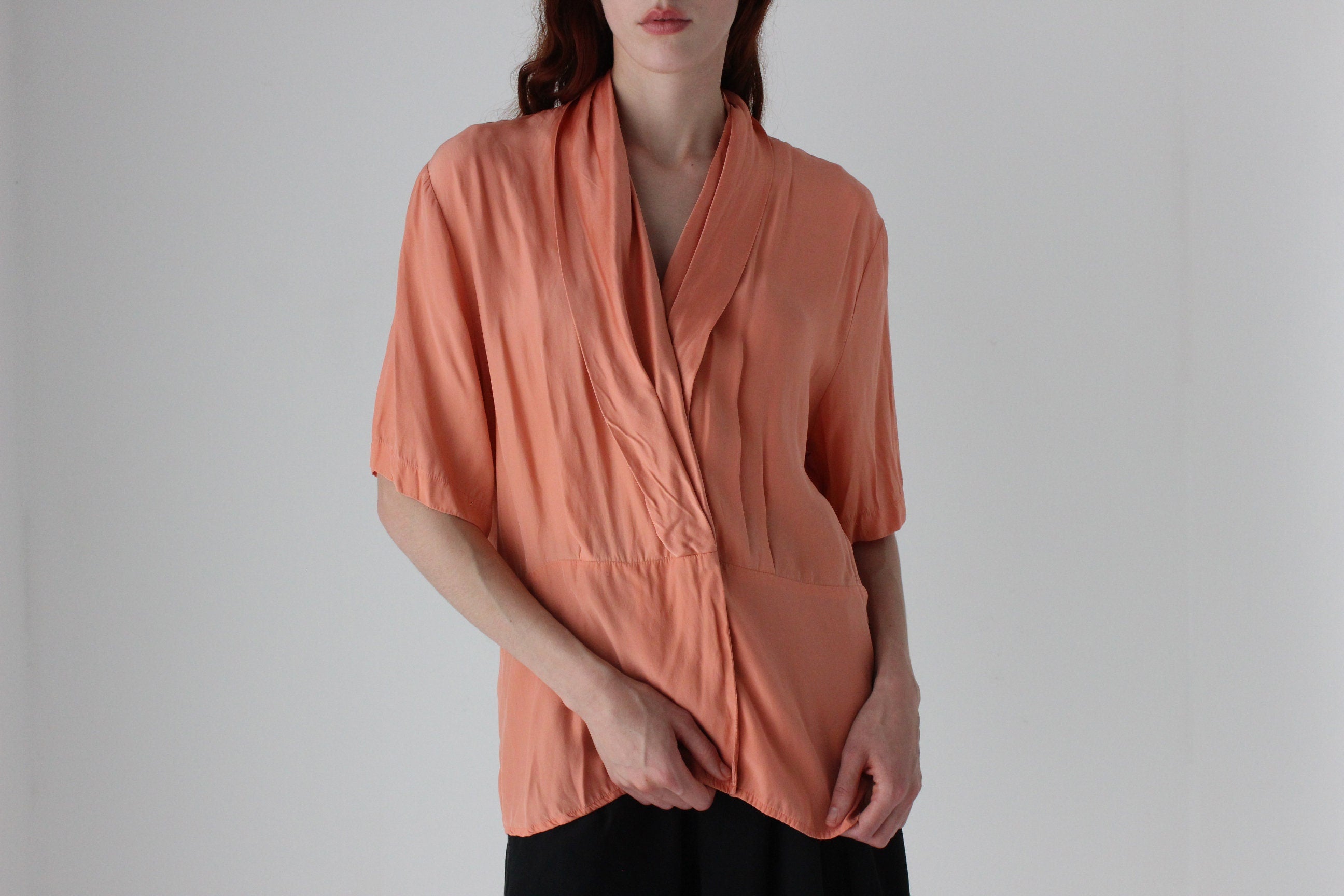 80s Pure Silk Shawl Collar Short Sleeve Blouse