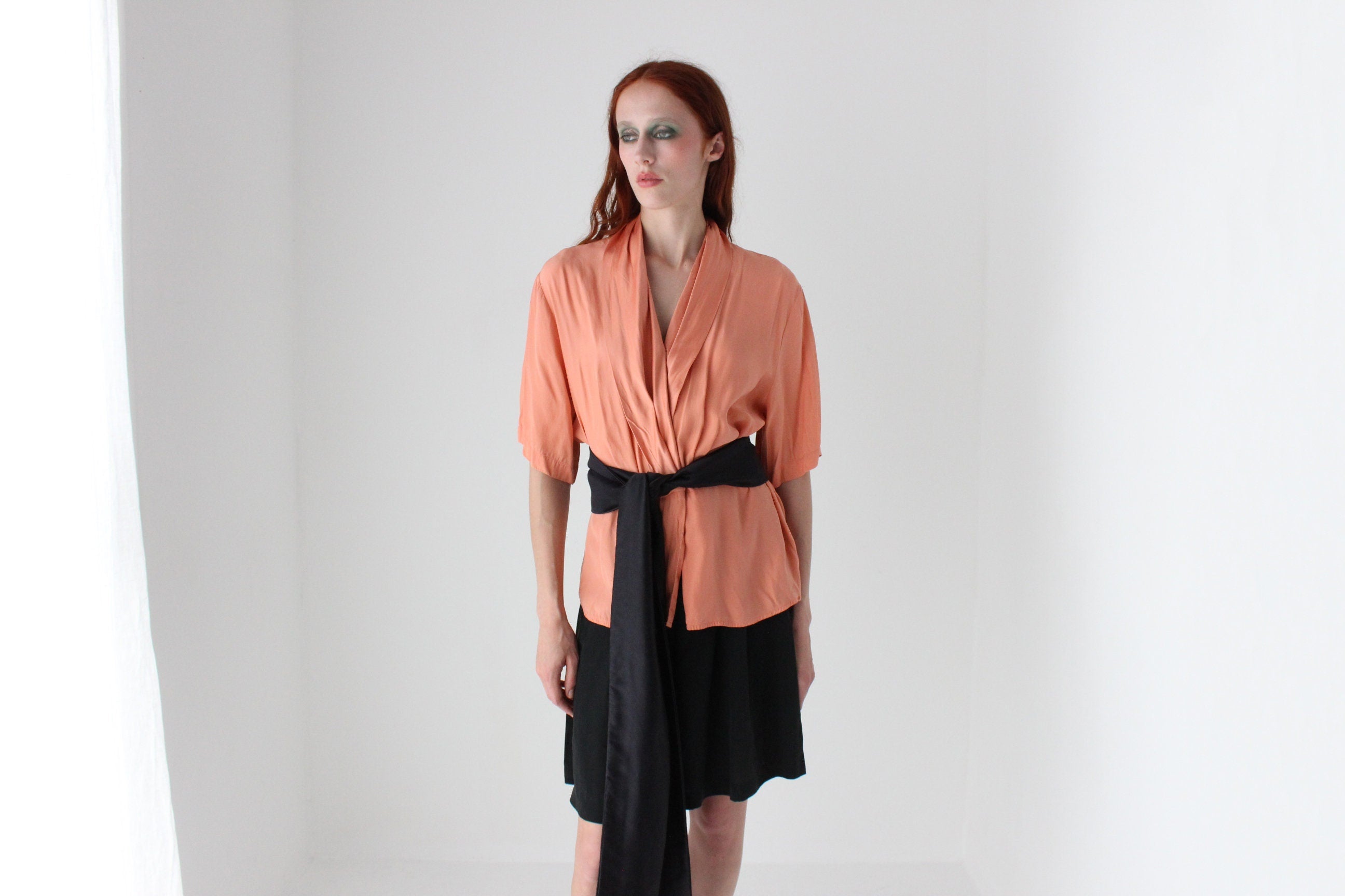 80s Pure Silk Shawl Collar Short Sleeve Blouse