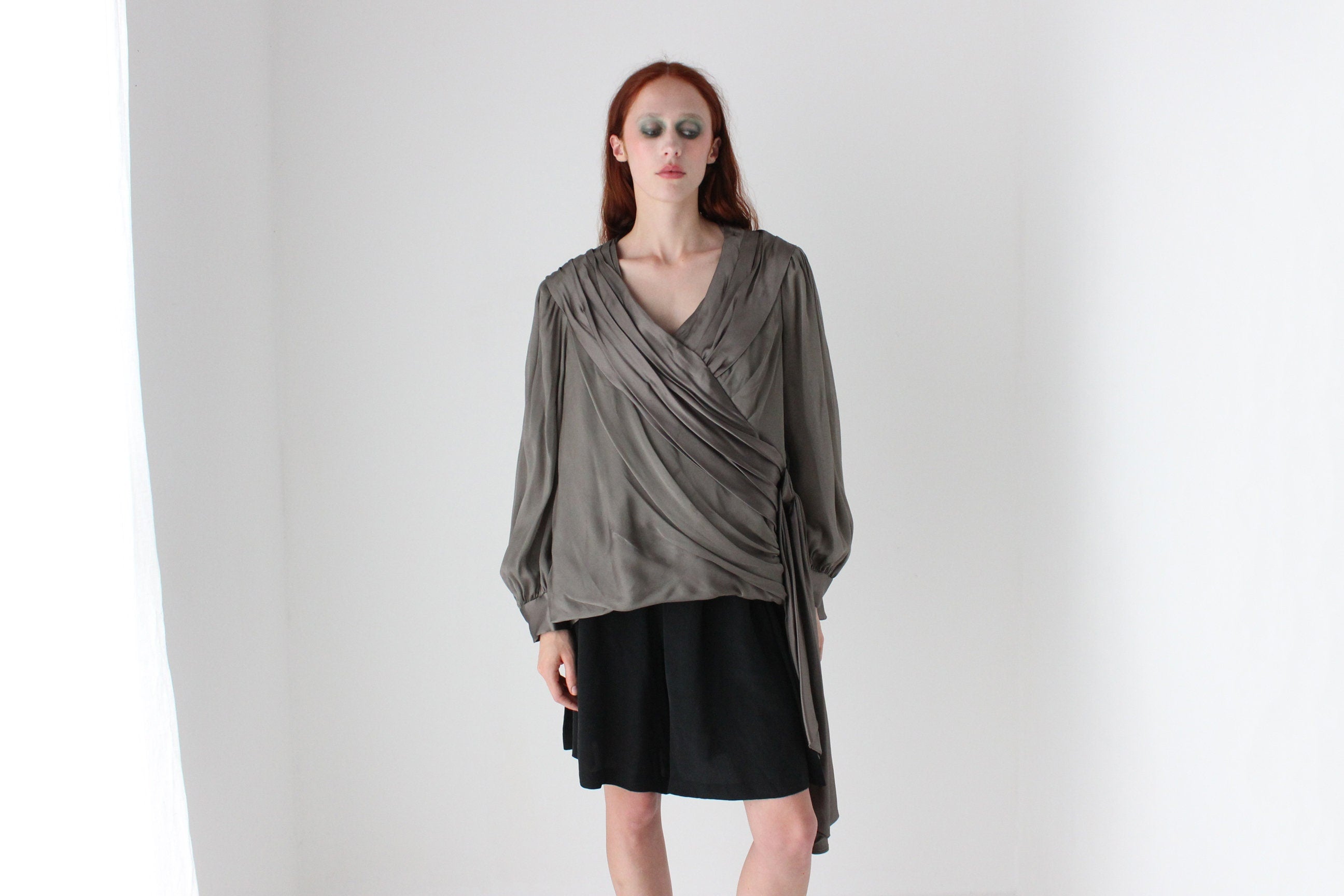 80s Louise Alverez Draped & Layered Silk Poet Sleeve Top