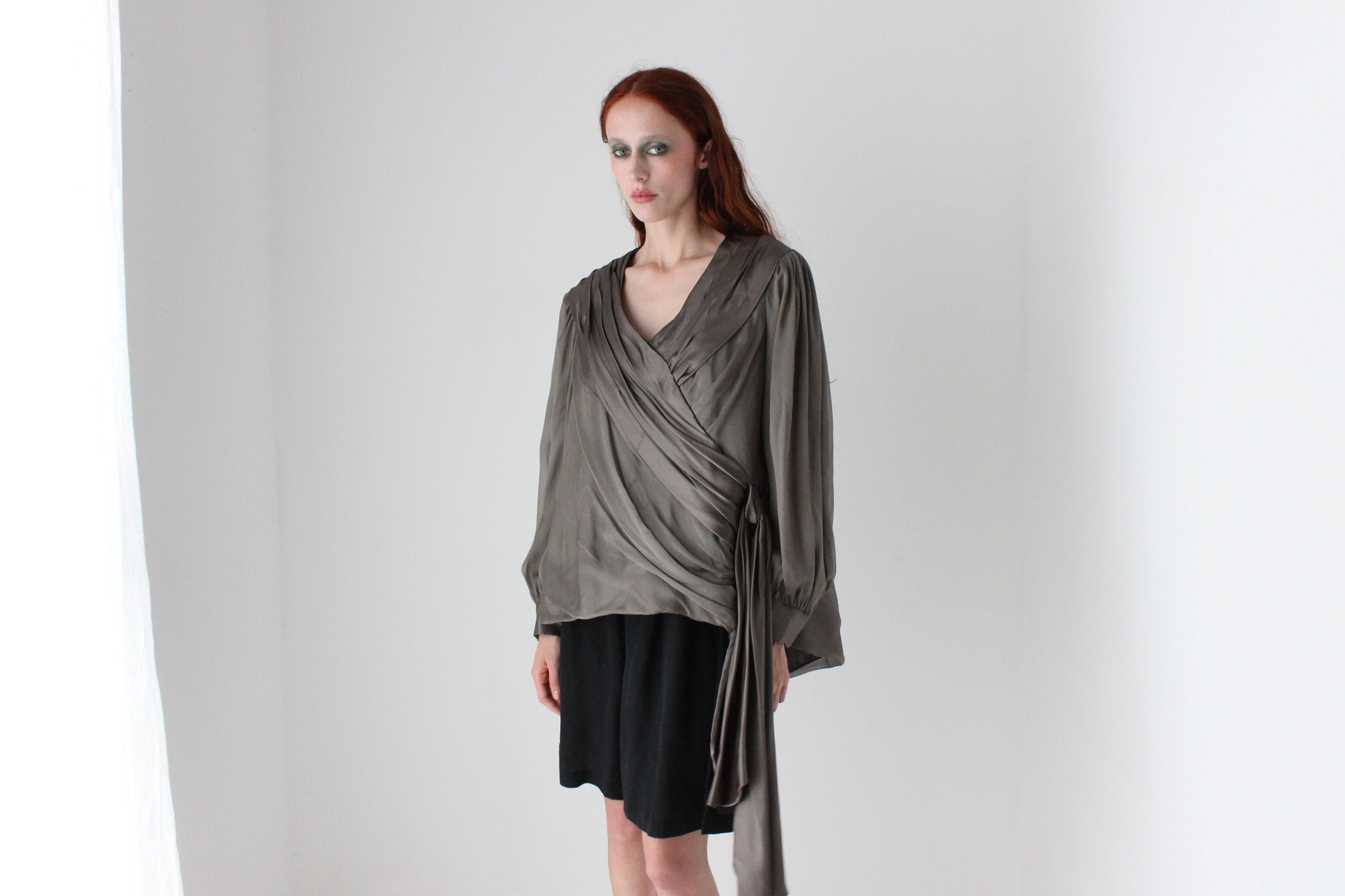 80s Louise Alverez Draped & Layered Silk Poet Sleeve Top