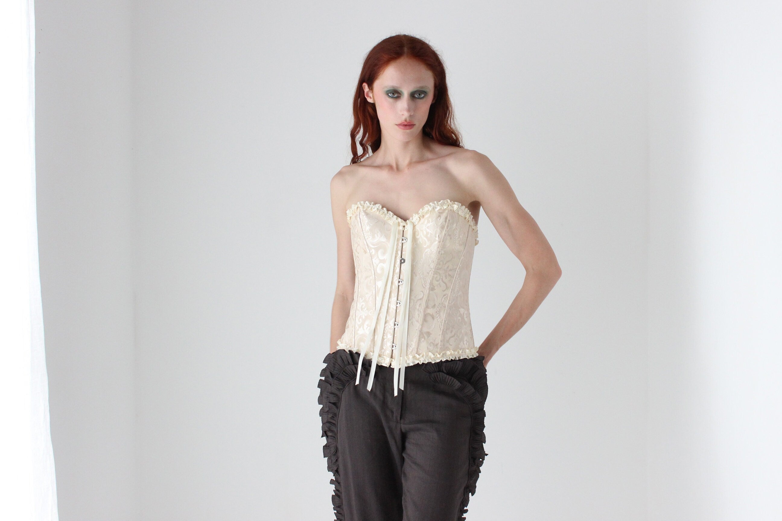 Y2K Cream Jacquard & Ruffle Strapless Boned Corset