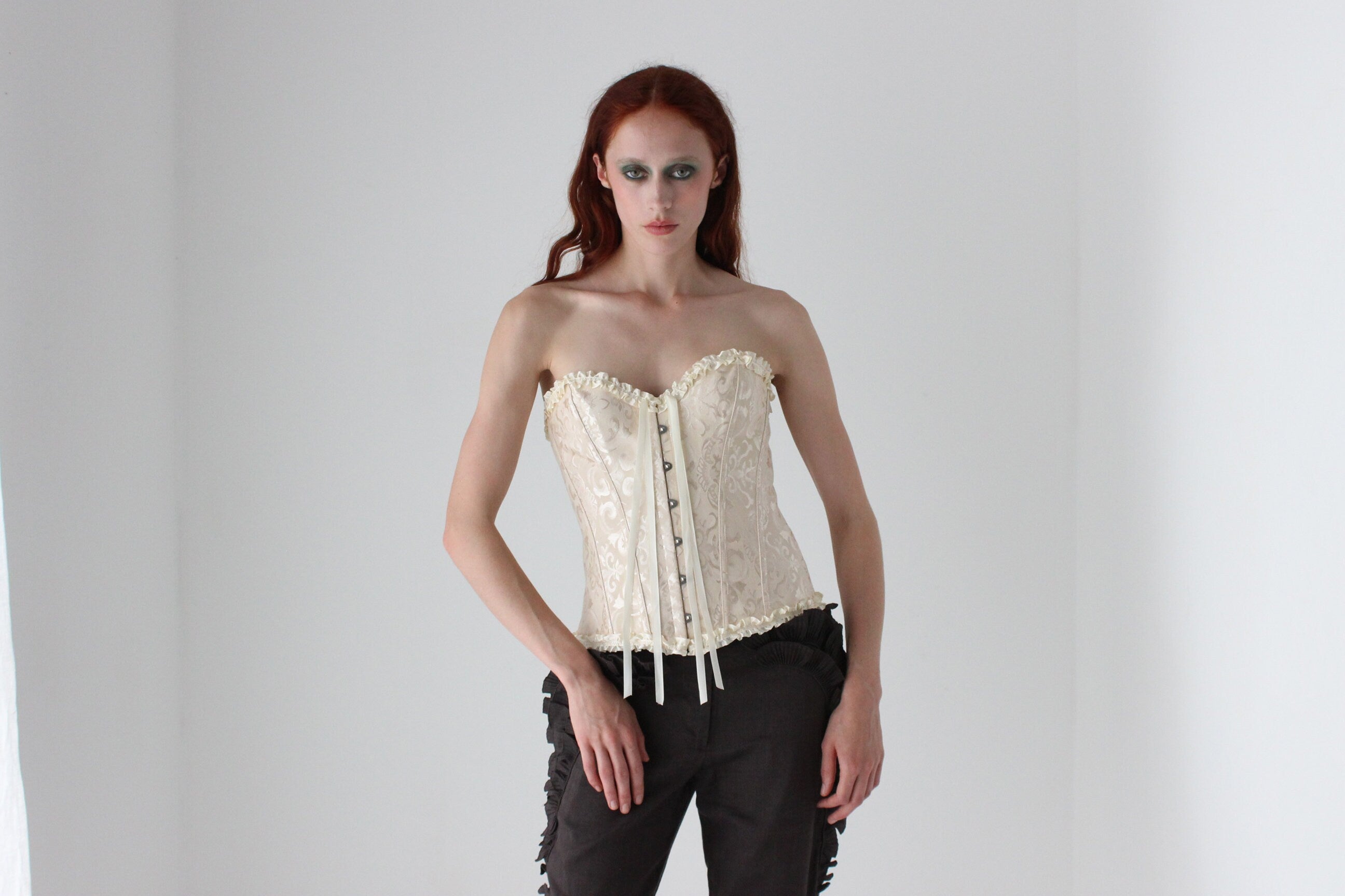 Y2K Cream Jacquard & Ruffle Strapless Boned Corset