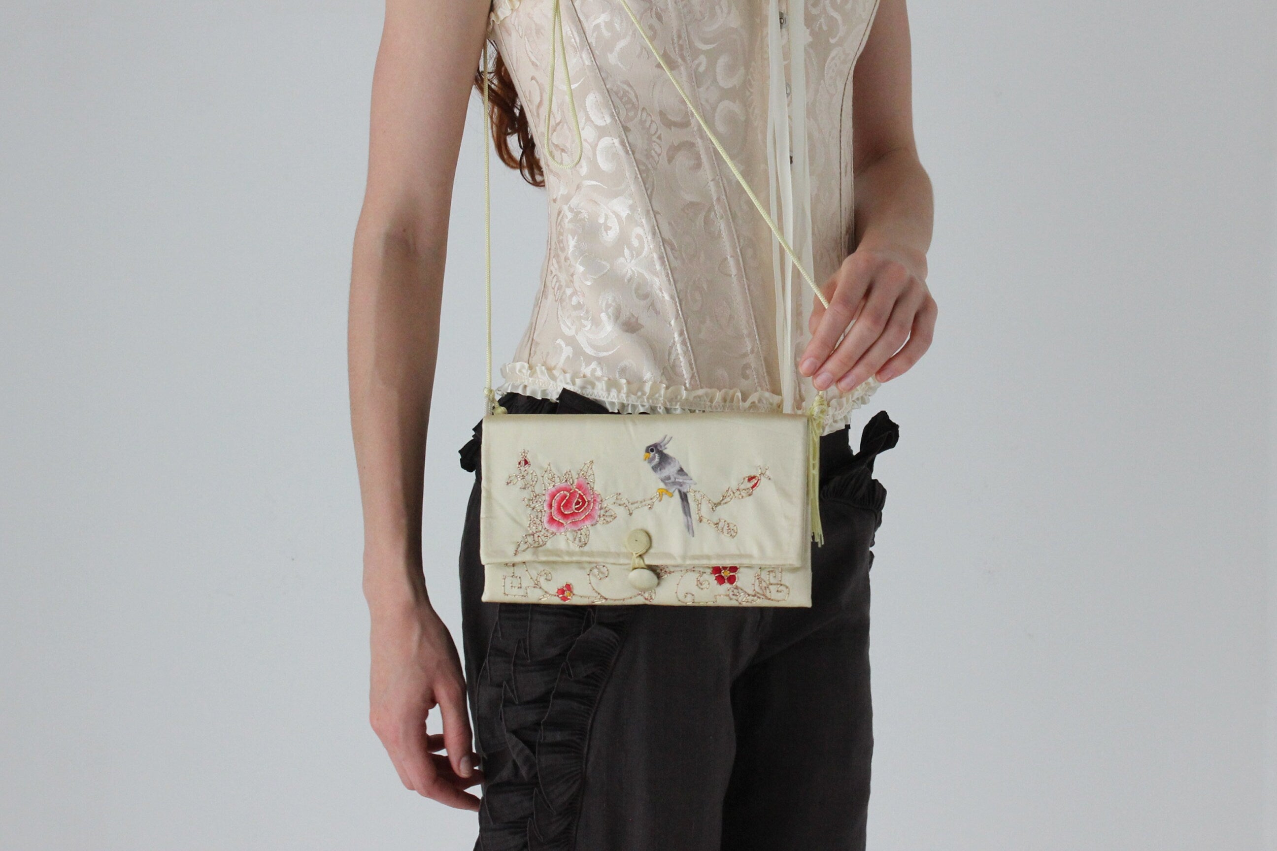 80s Chinese Silk Satin Embroidered Handbag w/ Tassels