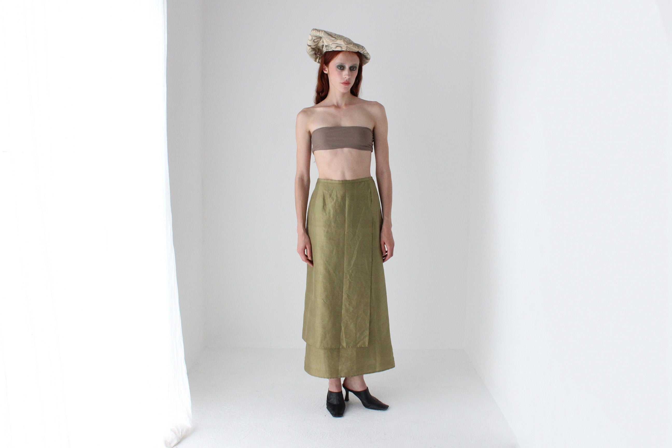 90s Neutral Olive Raw Silk Layered Column Skirt