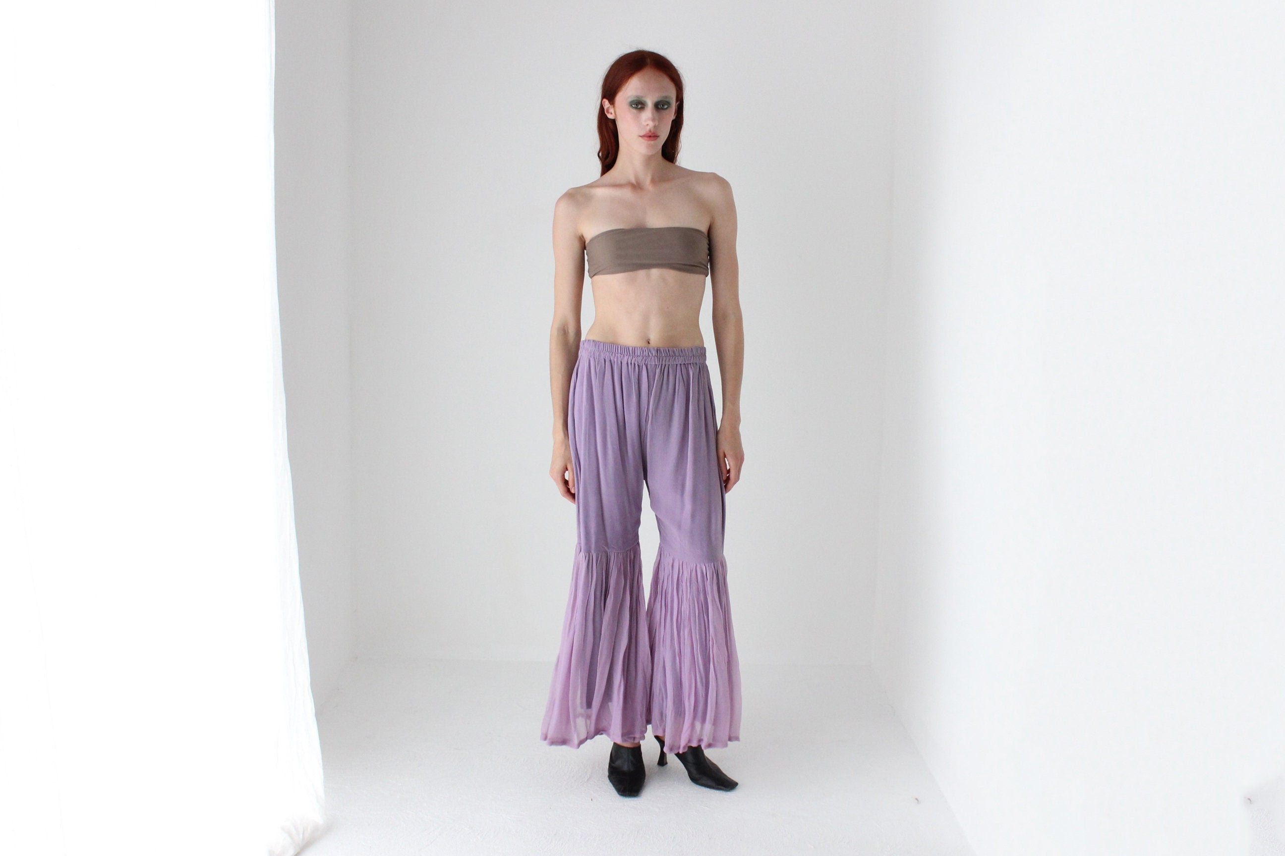 90s Voluminous Lavender Rayon Ruffle Bell Bottoms