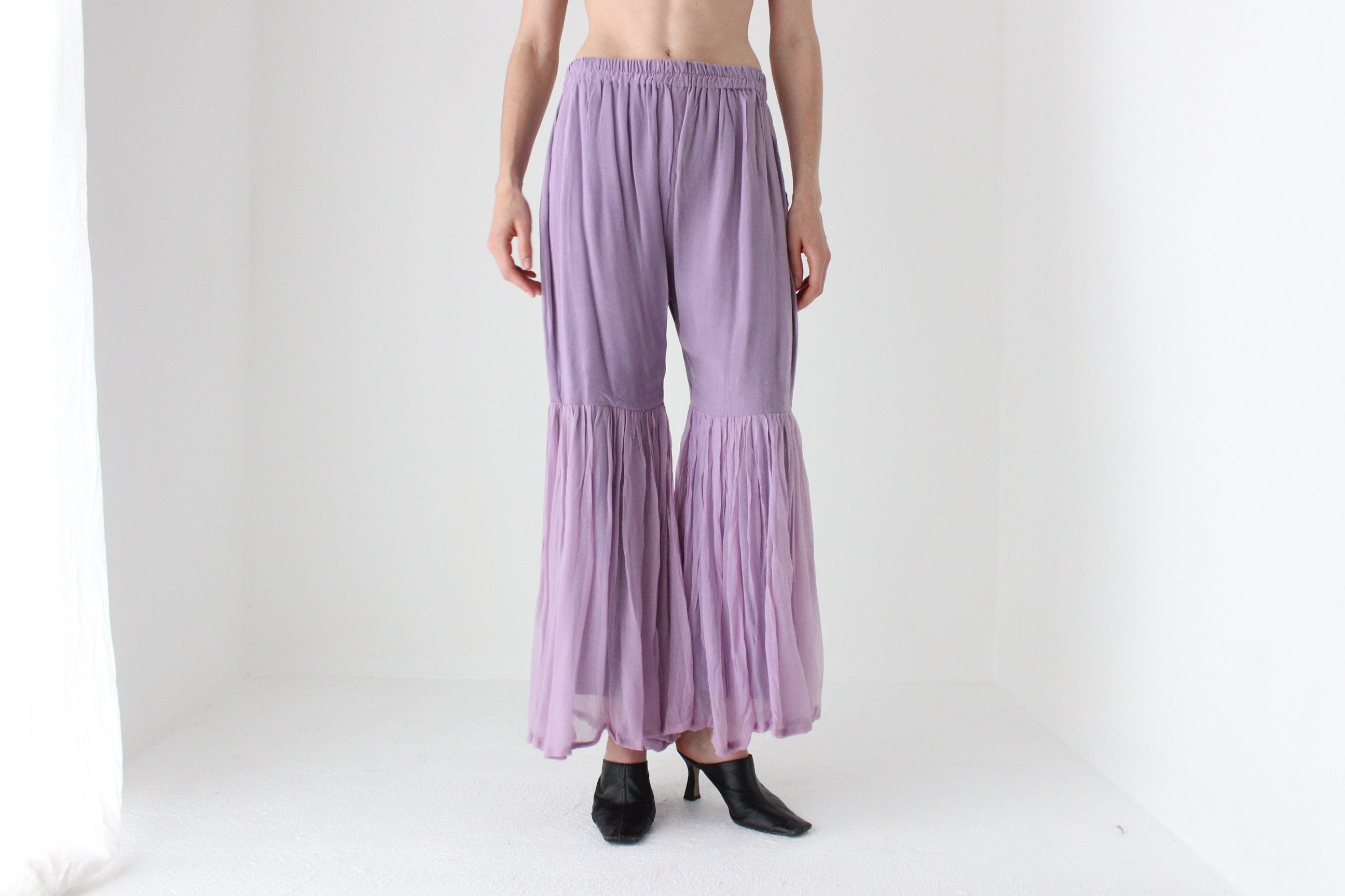 90s Voluminous Lavender Rayon Ruffle Bell Bottoms