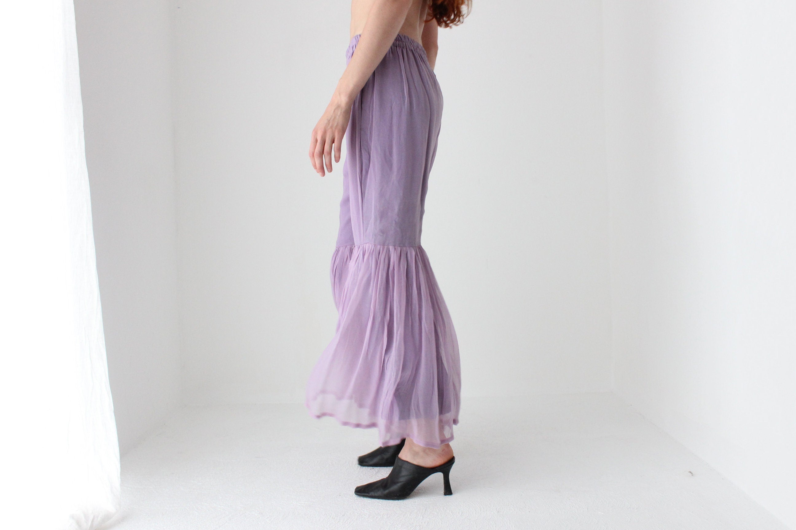 90s Voluminous Lavender Rayon Ruffle Bell Bottoms