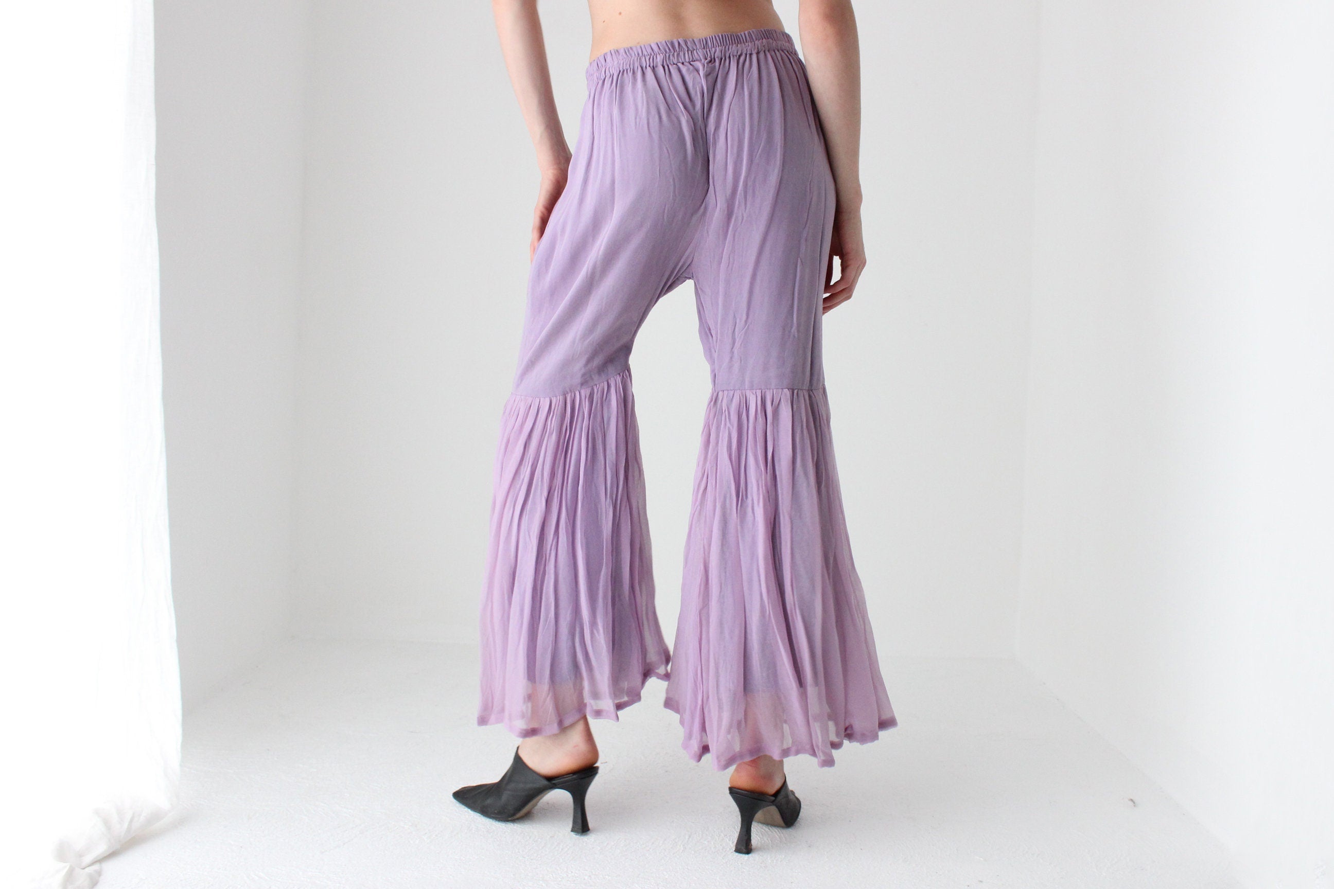 90s Voluminous Lavender Rayon Ruffle Bell Bottoms