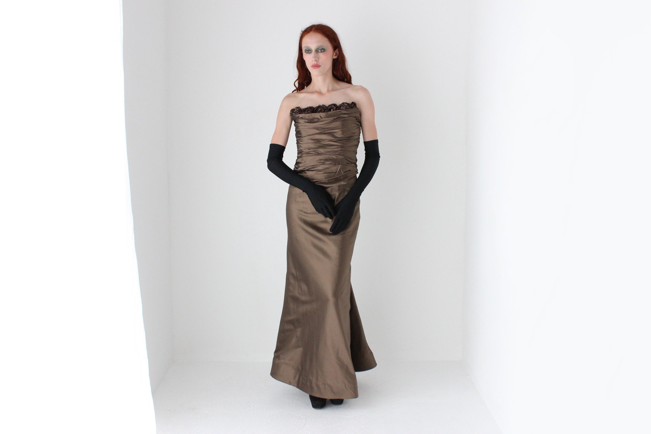 90s Designer Textural PURE SILK Taffeta Bustier Formal Gown