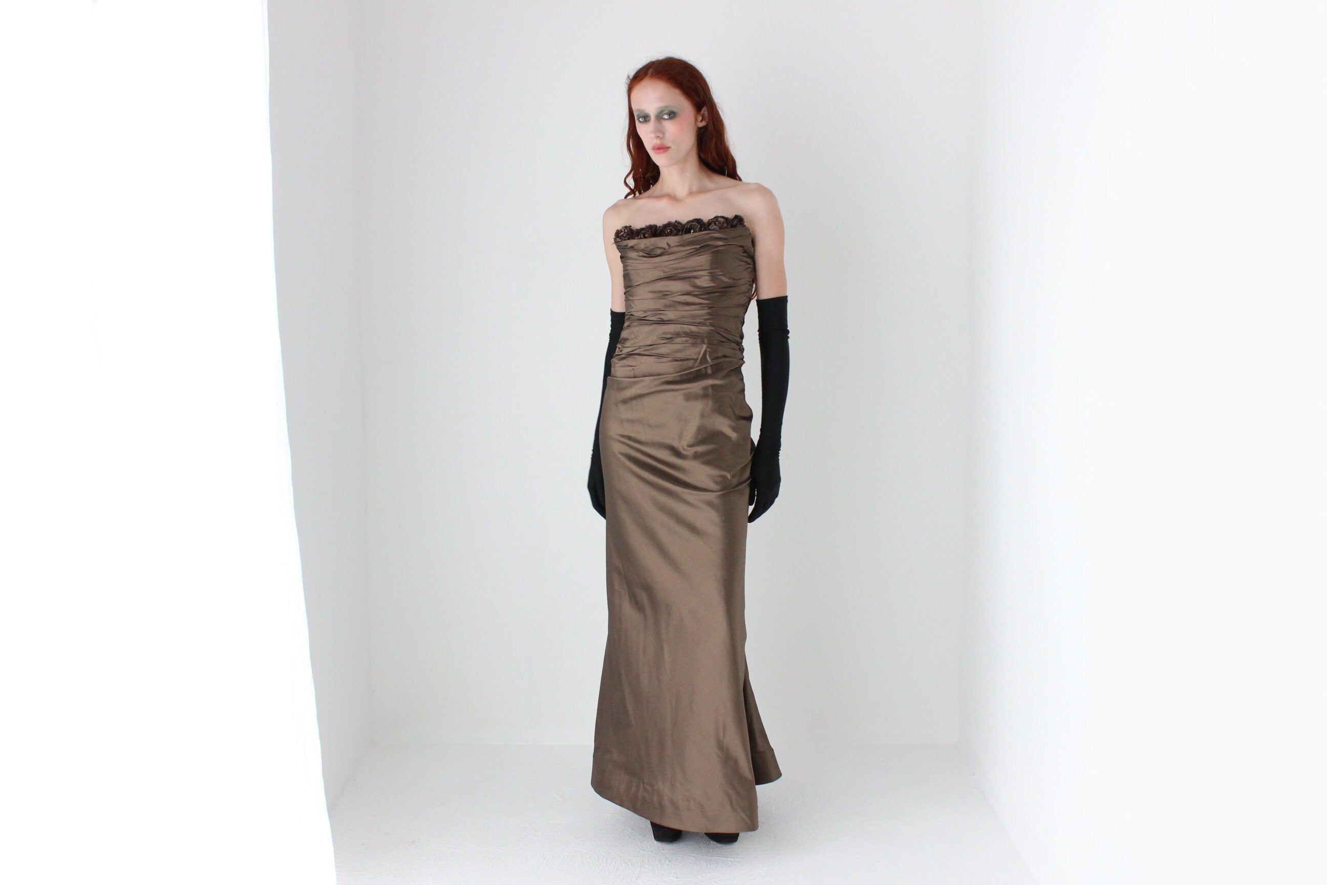 90s Designer Textural PURE SILK Taffeta Bustier Formal Gown