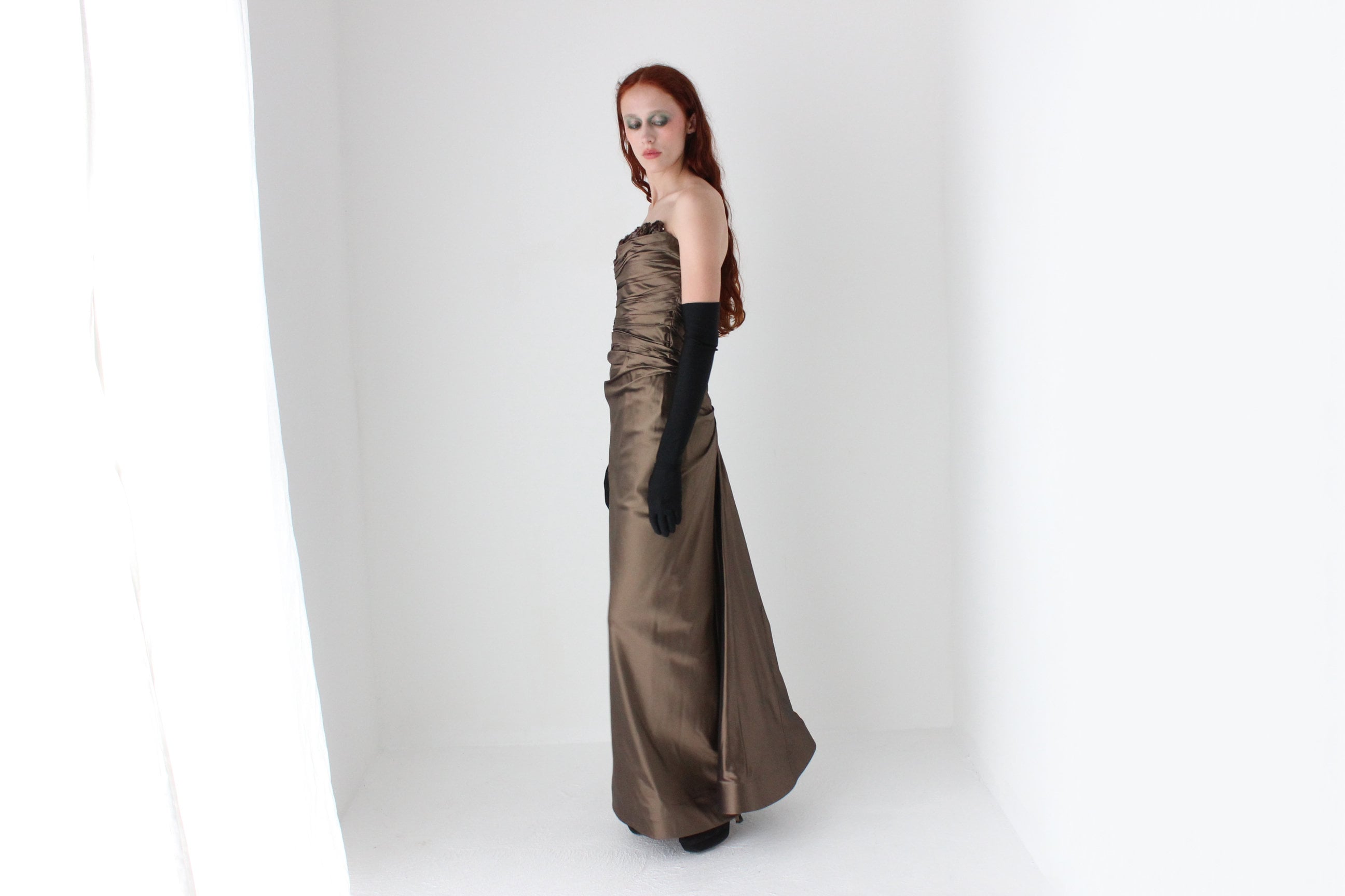 90s Designer Textural PURE SILK Taffeta Bustier Formal Gown