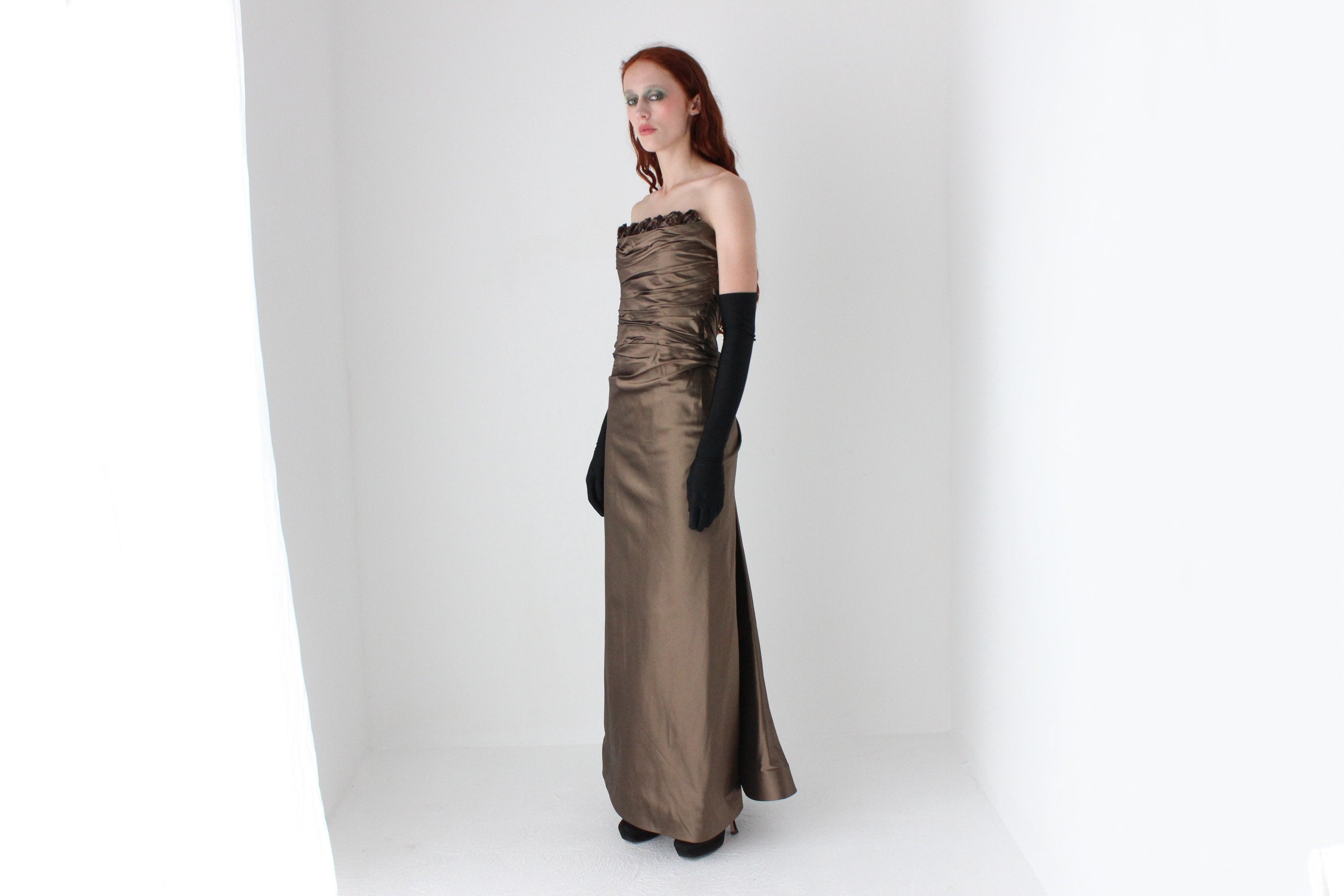 90s Designer Textural PURE SILK Taffeta Bustier Formal Gown