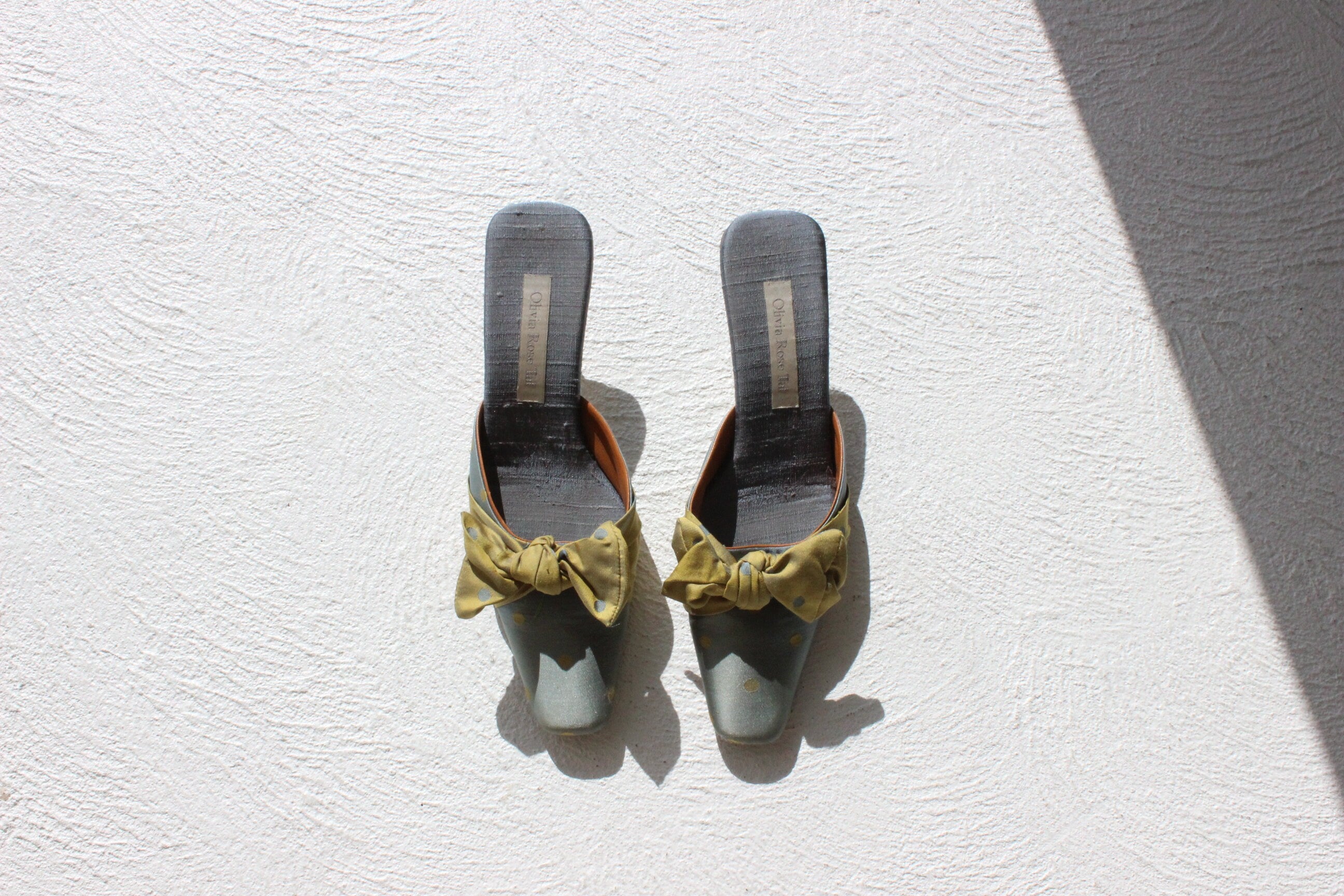 90s Olivia Rose Tal Raw Silk Polka Dot Bow Mules~ Euro 40