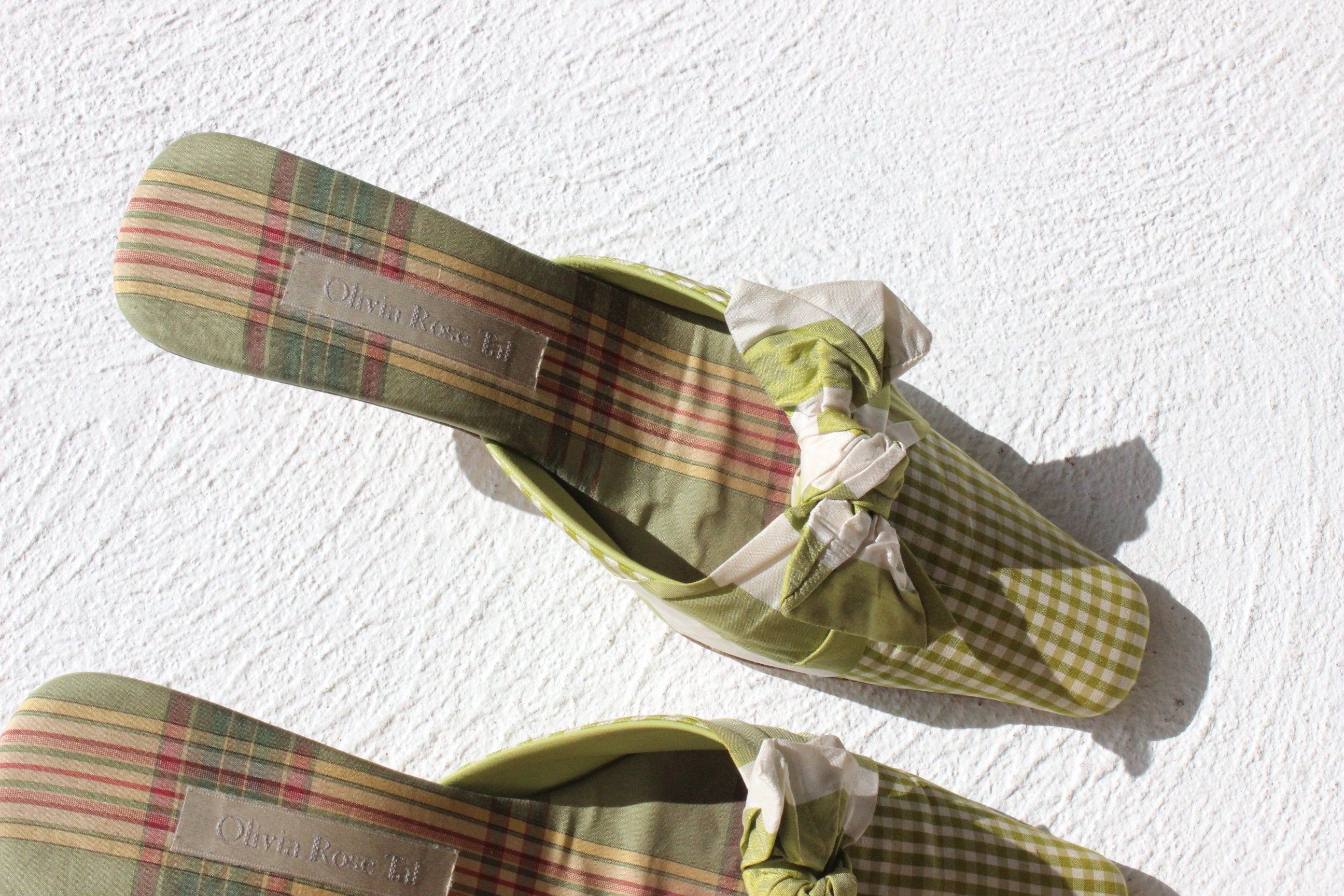 90s Olivia Rose Tal Gingham Silk Green Bow Mules - Euro 40