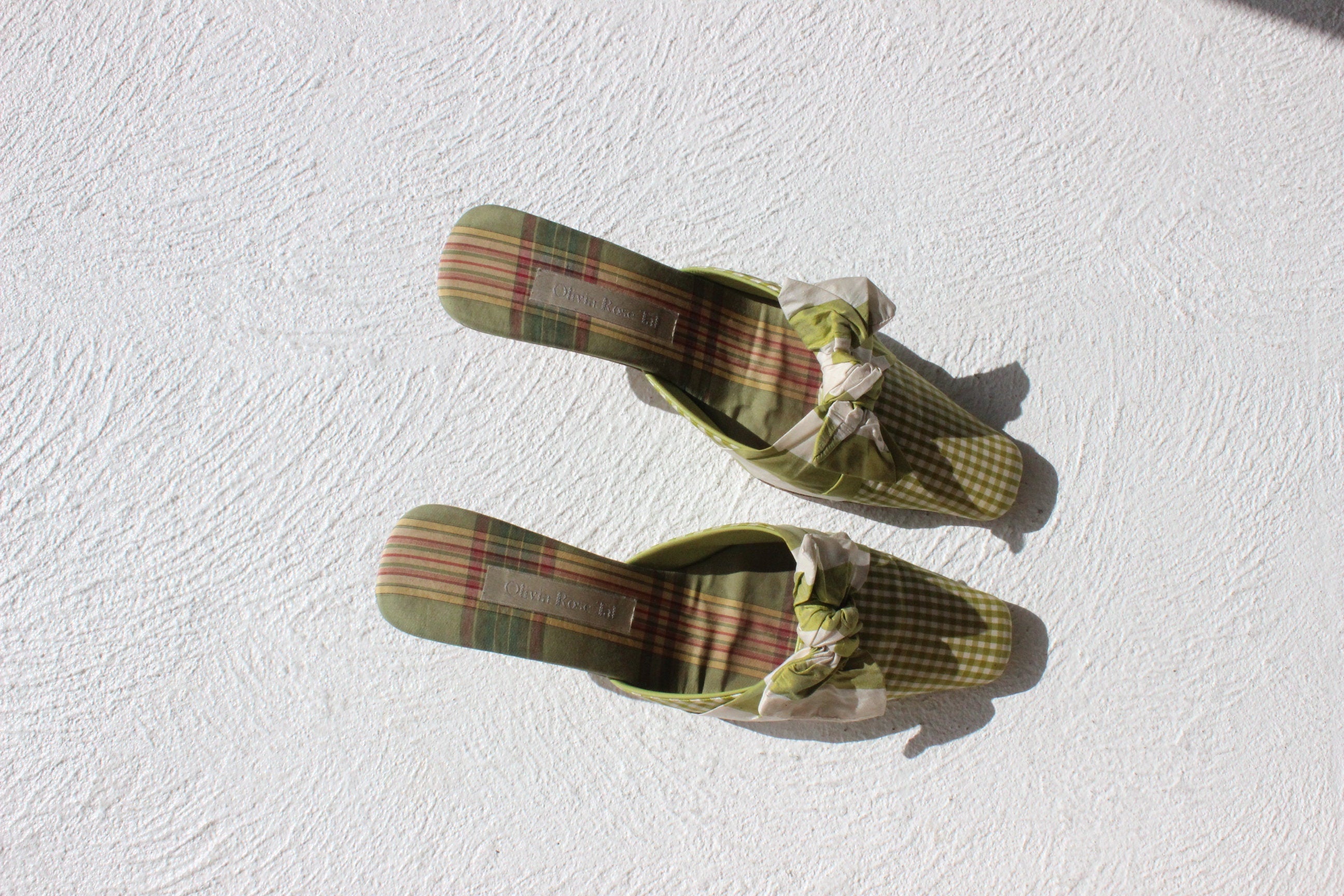 90s Olivia Rose Tal Gingham Silk Green Bow Mules - Euro 40