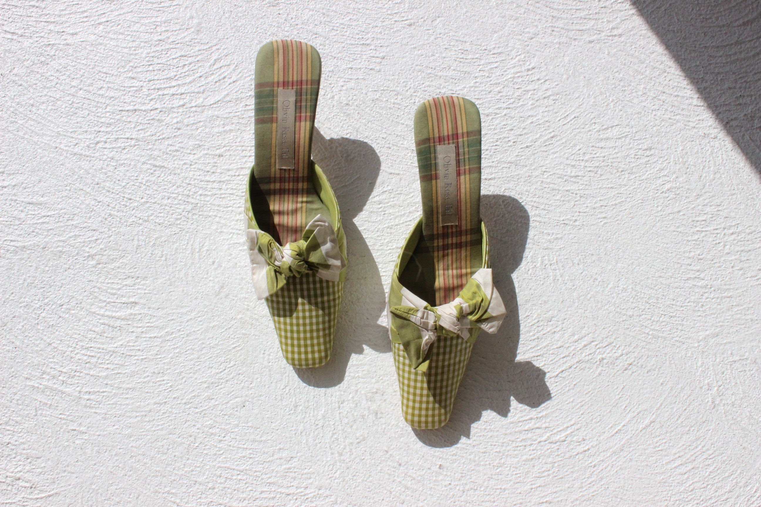 90s Olivia Rose Tal Gingham Silk Green Bow Mules - Euro 40