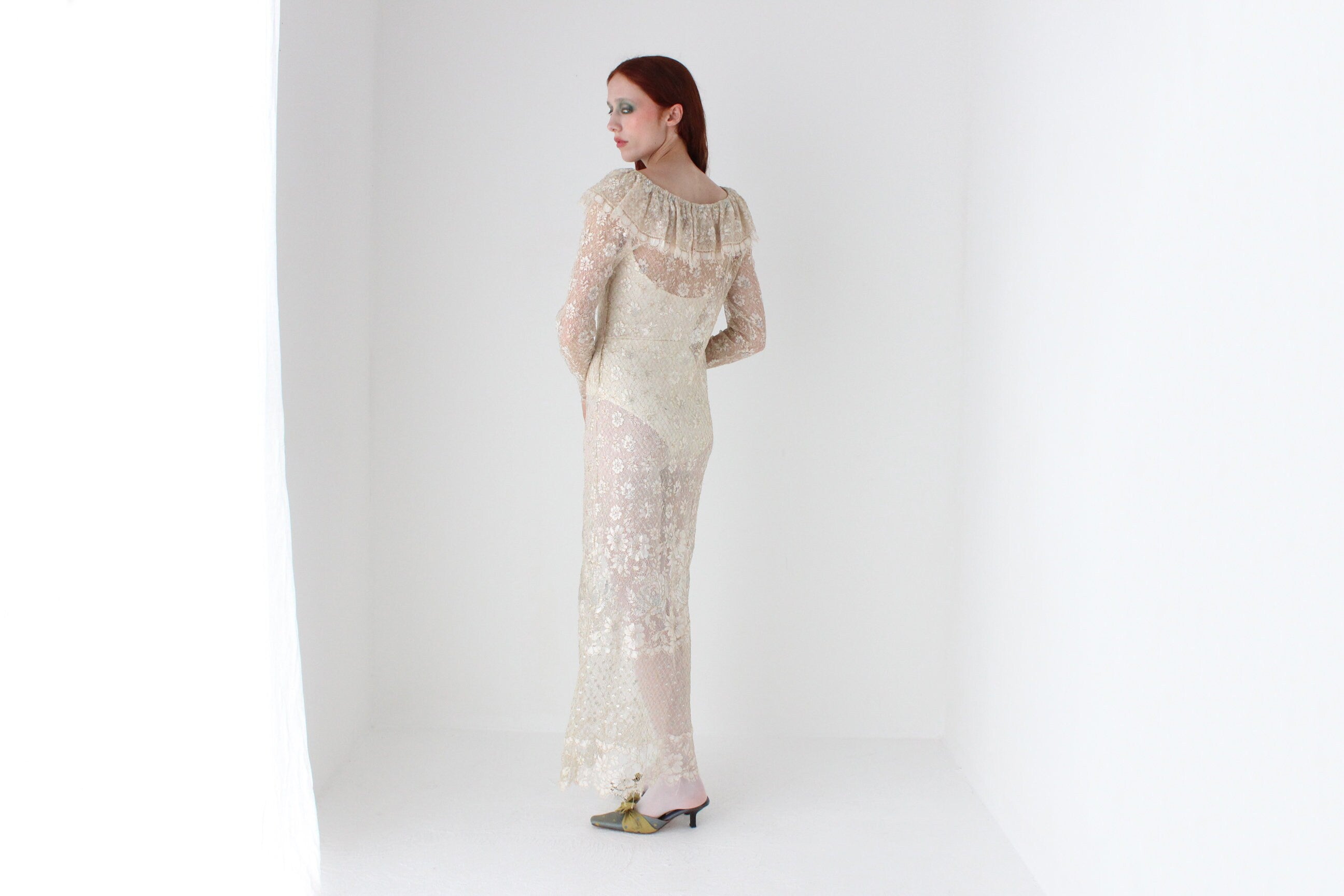 Romantic 1970s Gold Sheer Lace Ruffle Neck Wedding Dress