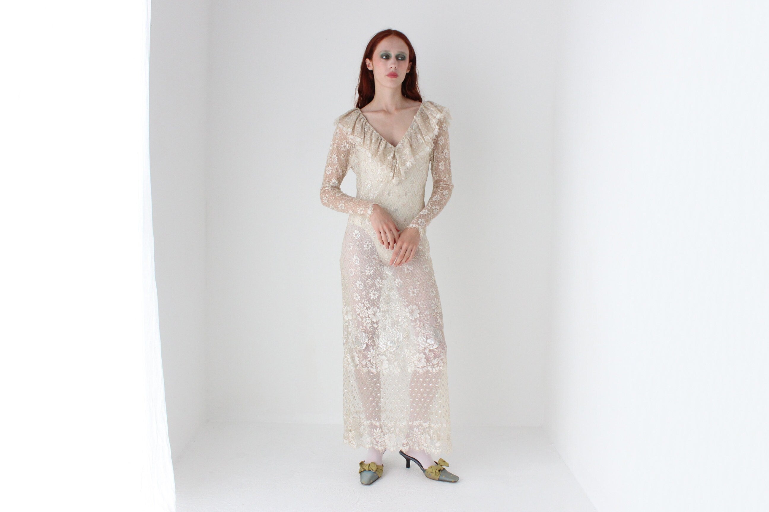 Romantic 1970s Gold Sheer Lace Ruffle Neck Wedding Dress