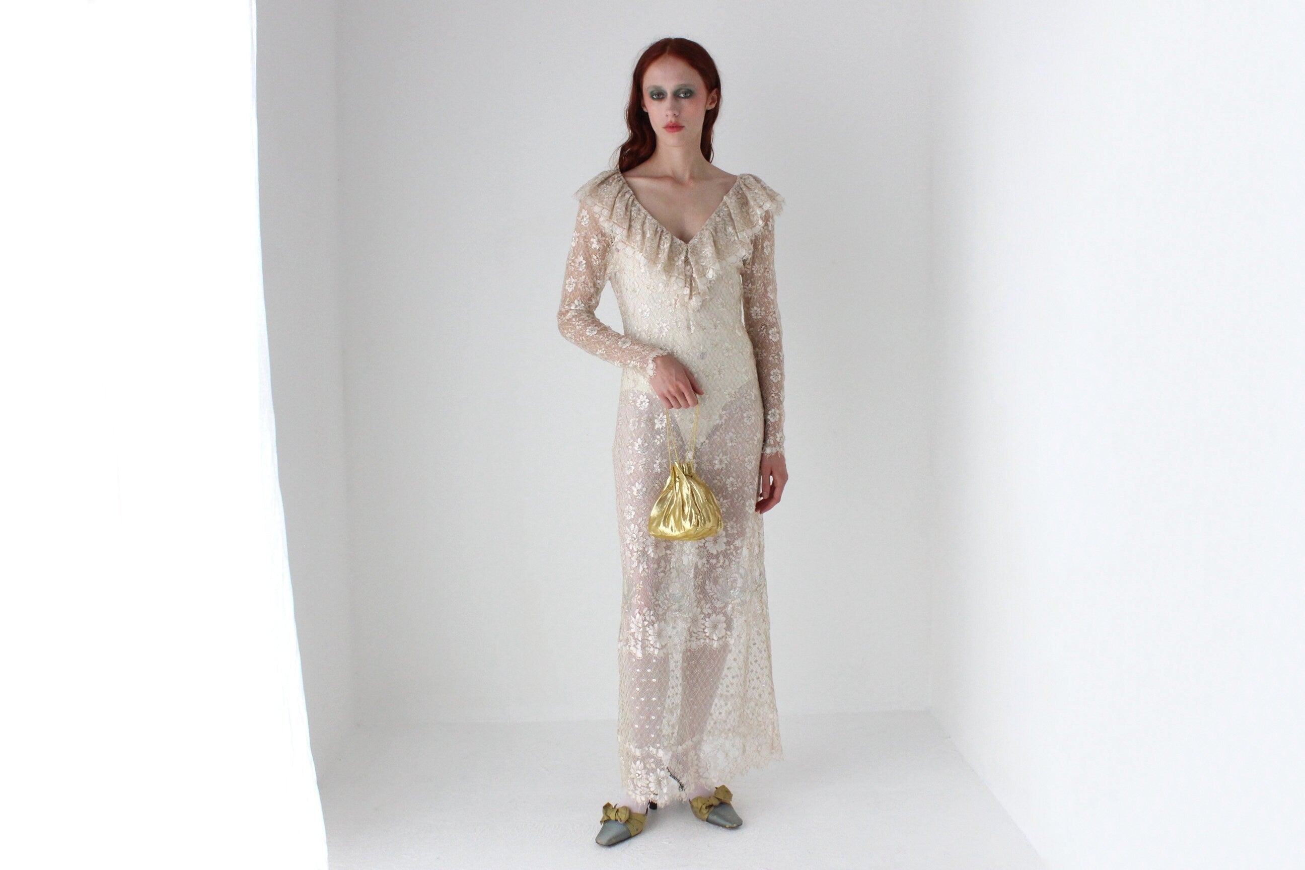 Romantic 1970s Gold Sheer Lace Ruffle Neck Wedding Dress