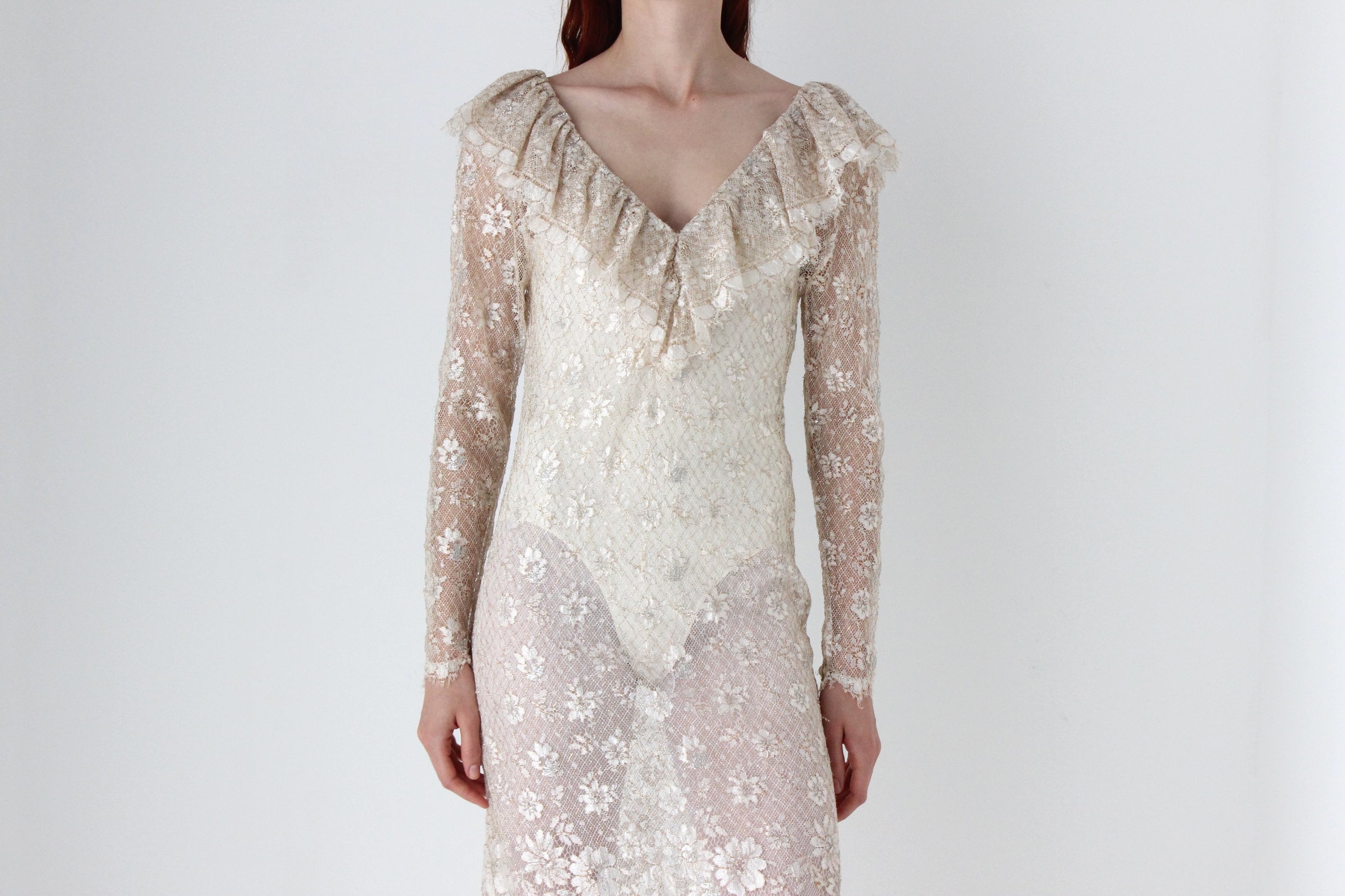 Romantic 1970s Gold Sheer Lace Ruffle Neck Wedding Dress