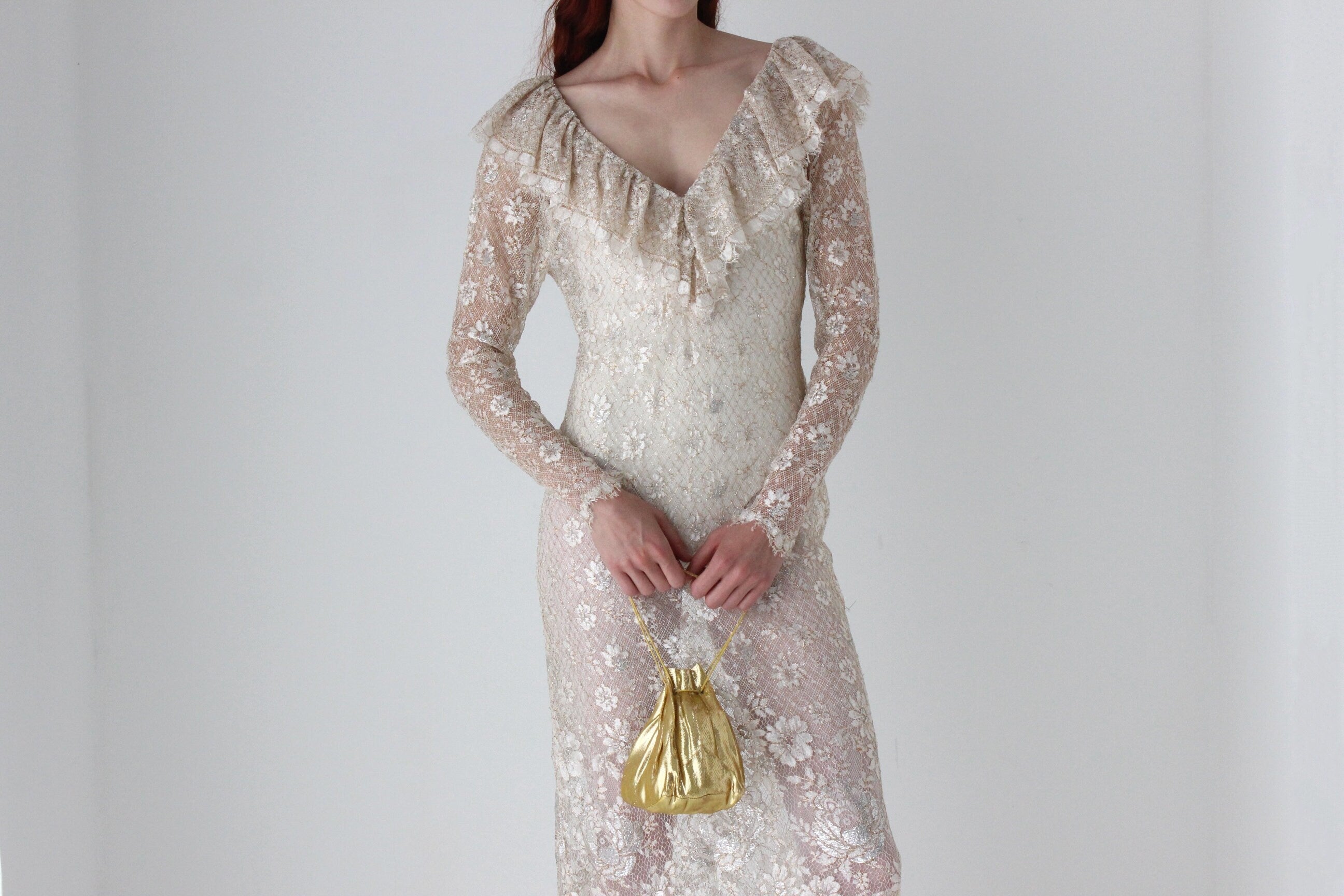 Romantic 1970s Gold Sheer Lace Ruffle Neck Wedding Dress