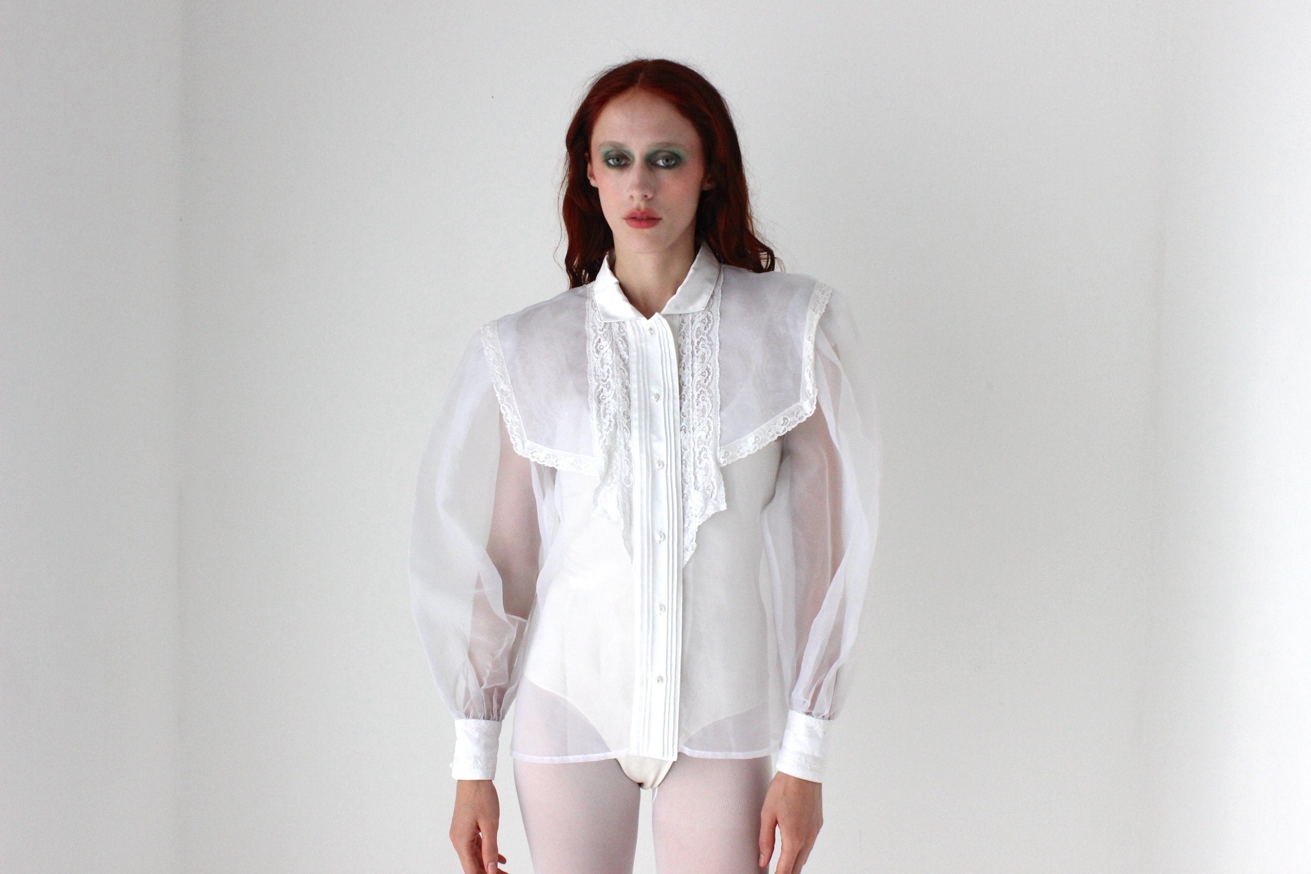 Fabulous 80s Structured White Organza Puff Blouson Sleeve Top