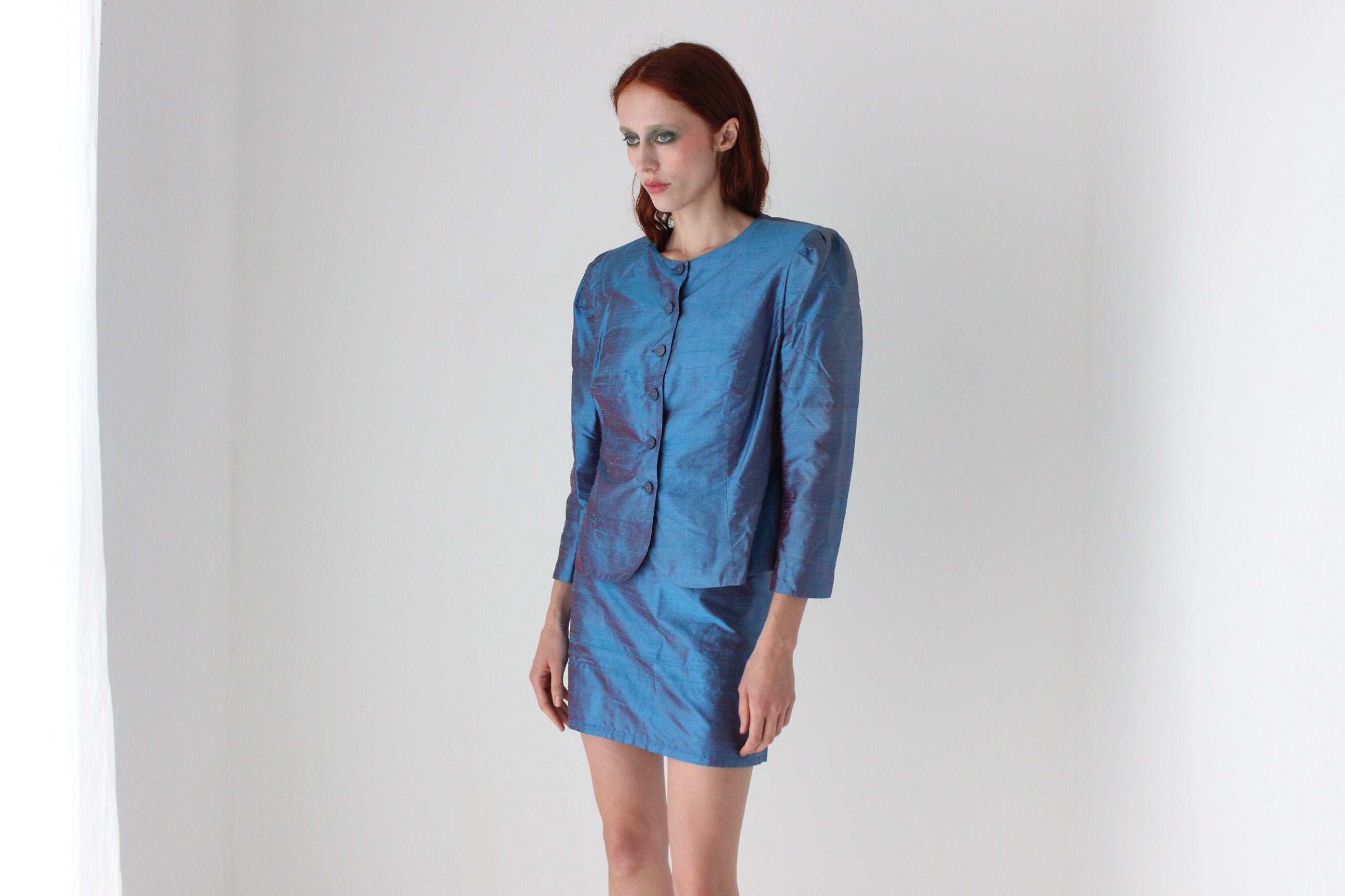 80s Raw Silk Metallic Two Piece Jacket Top & Skirt Suit Set