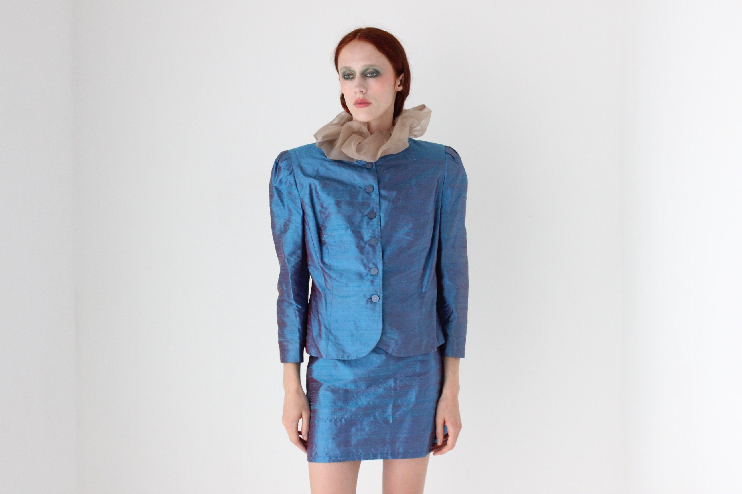 80s Raw Silk Metallic Two Piece Jacket Top & Skirt Suit Set