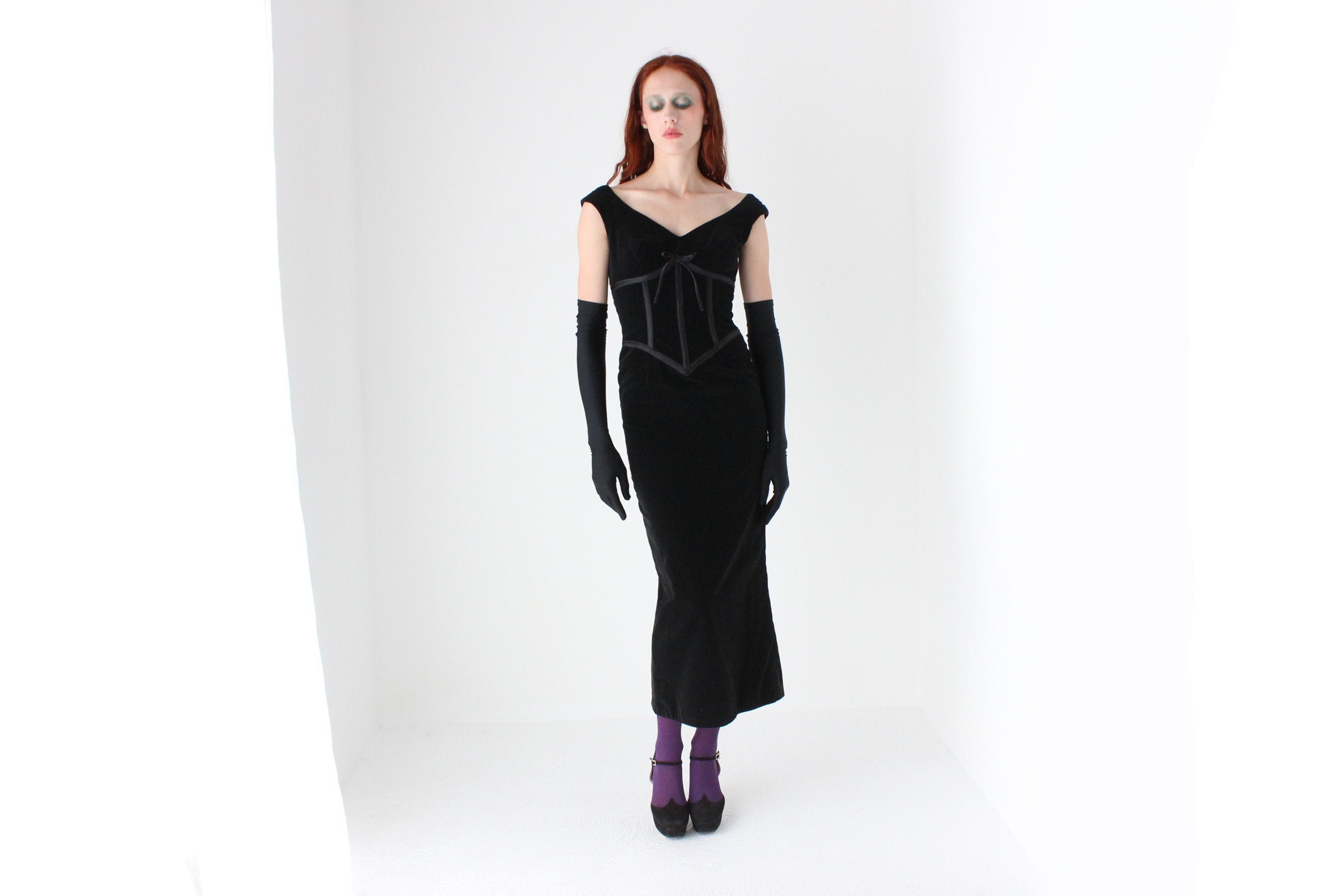 90s Mariana Hardwick Velvet Sculpted Lace Up Corset Cocktail Dress