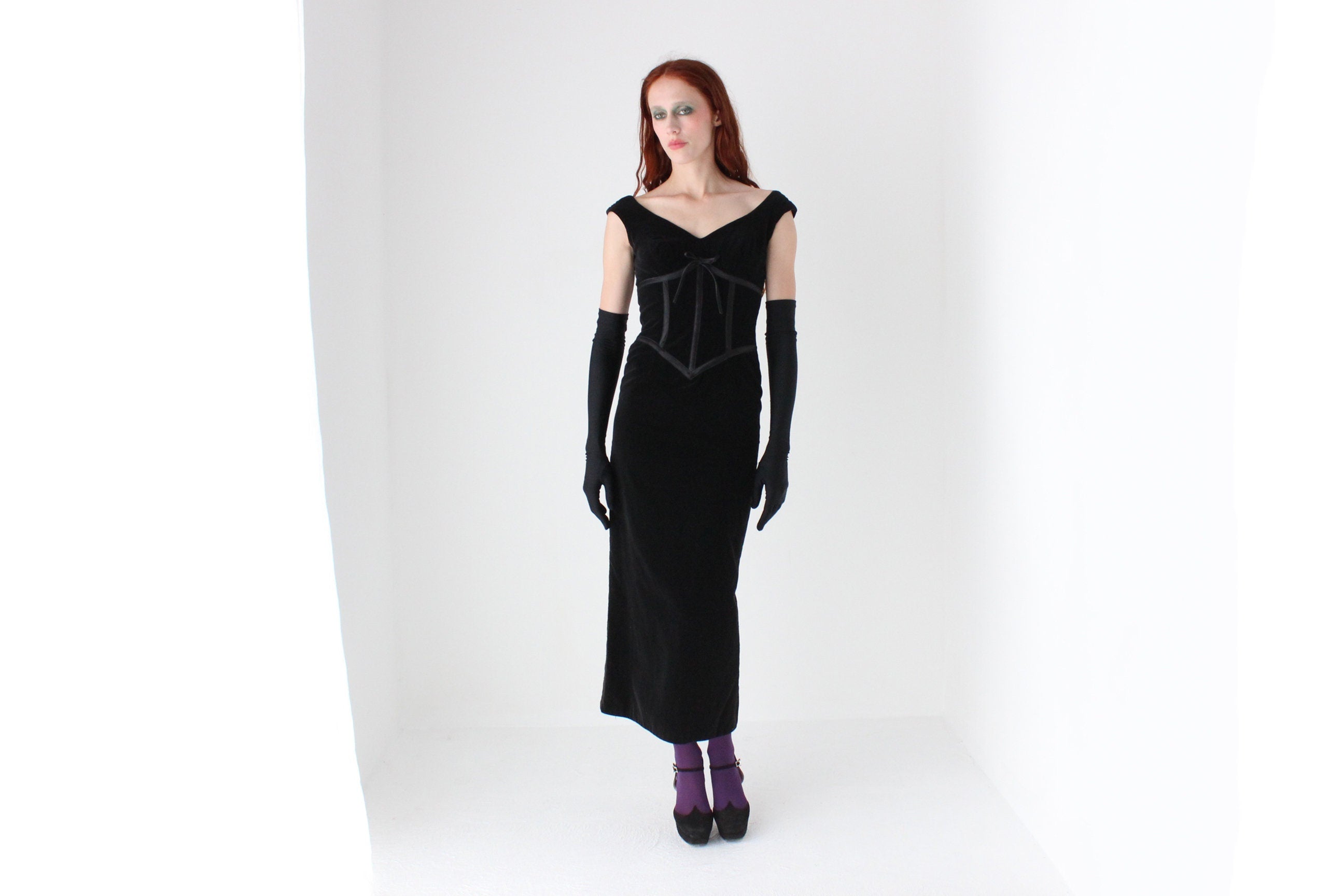 90s Mariana Hardwick Velvet Sculpted Lace Up Corset Cocktail Dress