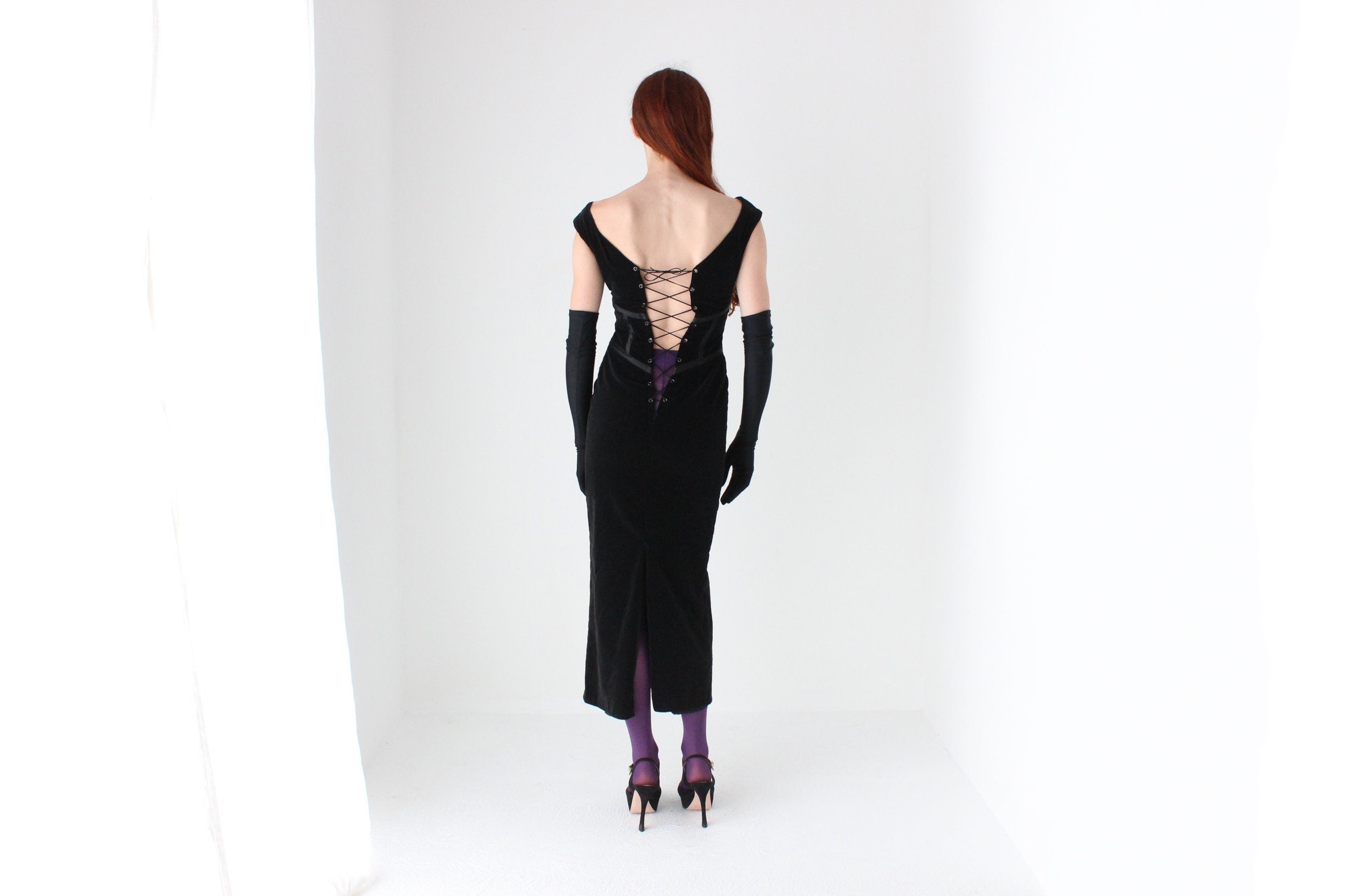 90s Mariana Hardwick Velvet Sculpted Lace Up Corset Cocktail Dress