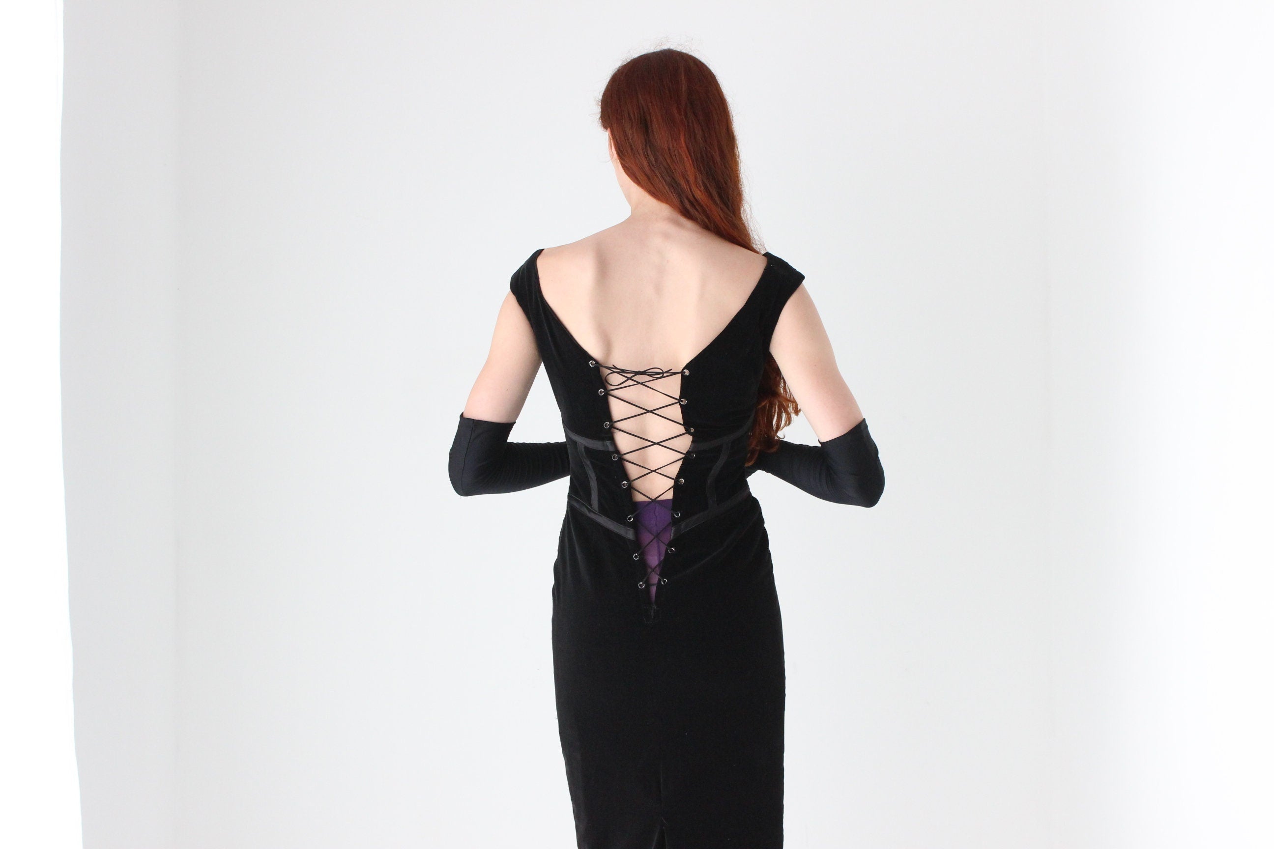 90s Mariana Hardwick Velvet Sculpted Lace Up Corset Cocktail Dress