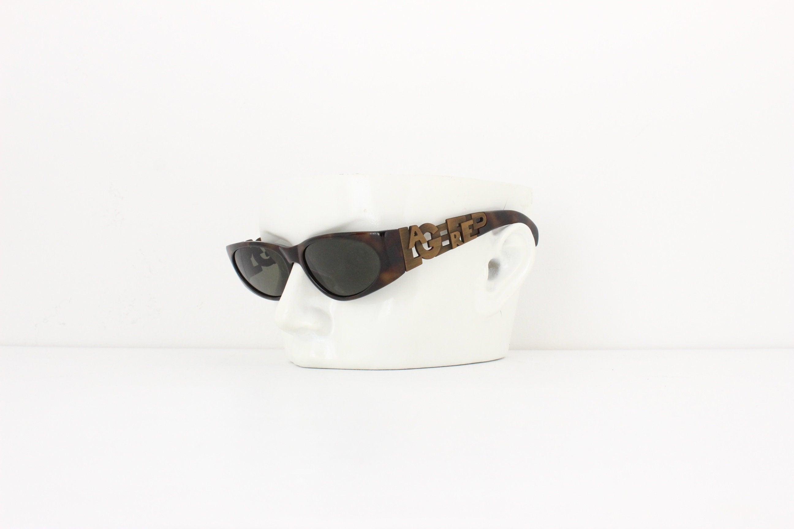 80s KARL LAGERFELD Tortoiseshell Cat Eye Sunglasses w/ Brass L-A-G-E-R-F-E-L-D Arms