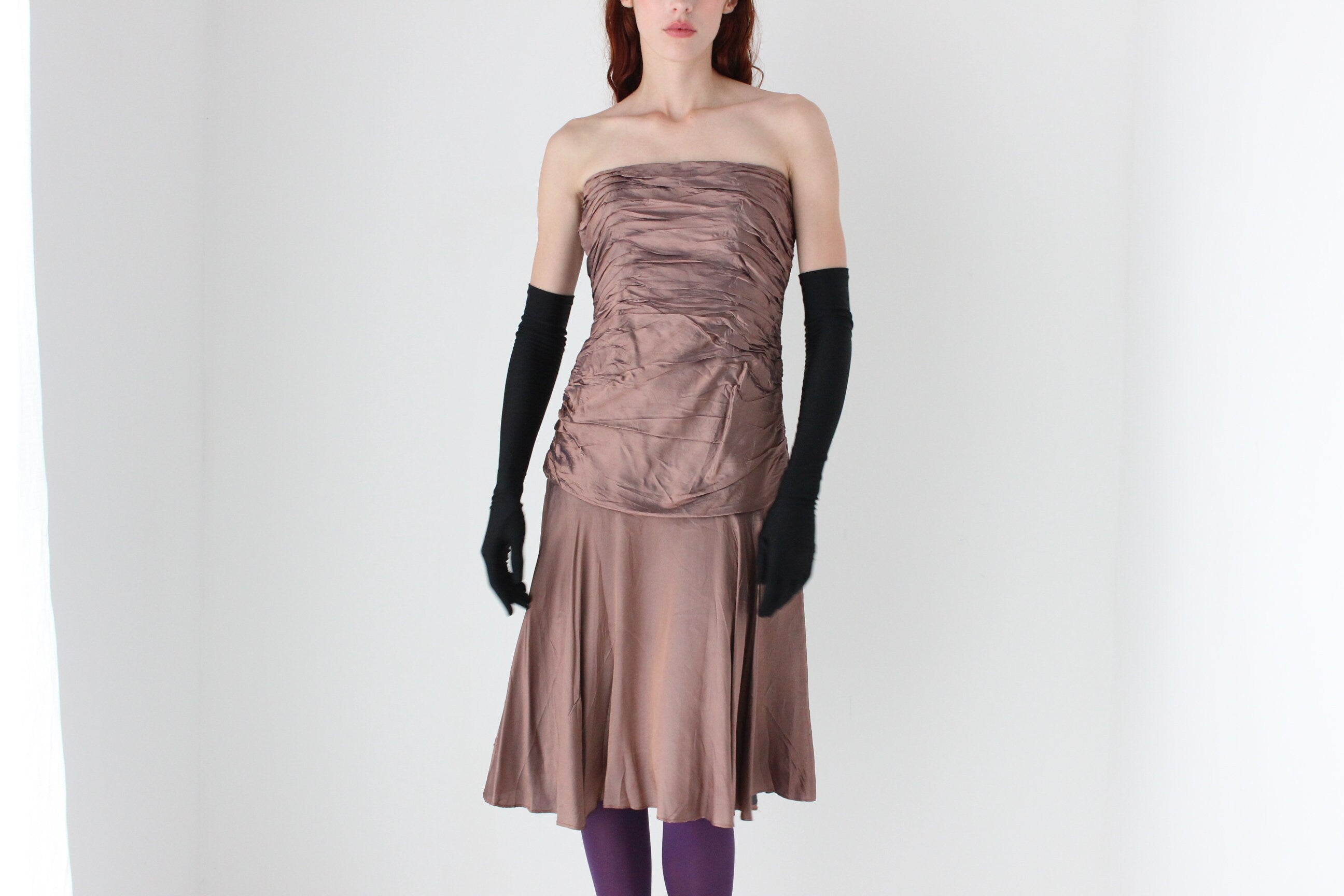 2000s Ruched Crinkle Metallic Bustier Dress