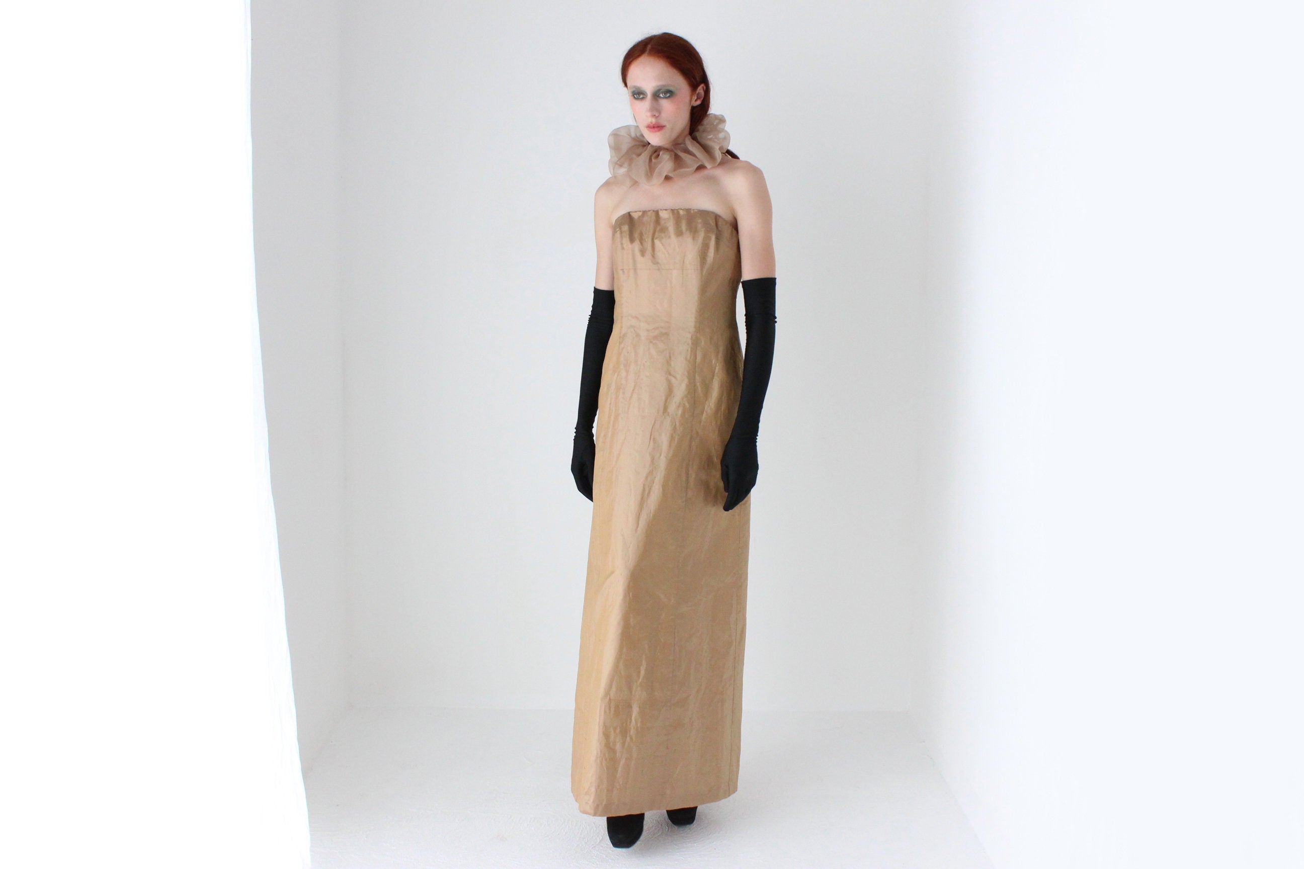 Y2K Lisa Ho Raw Silk Strapless Full Length Gold Formal Gown